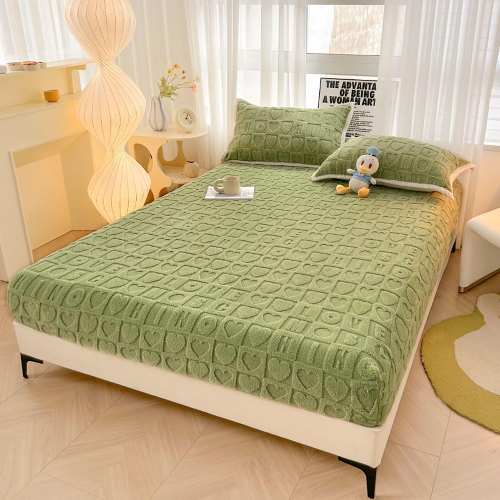 Pack de 3 Piezas Sábanas Bajeras de Poliéster, Patrón de Corazones y Letras, 200 x 220 CM + 2 Fundas de Almohada, Sabanas Bajera Verde