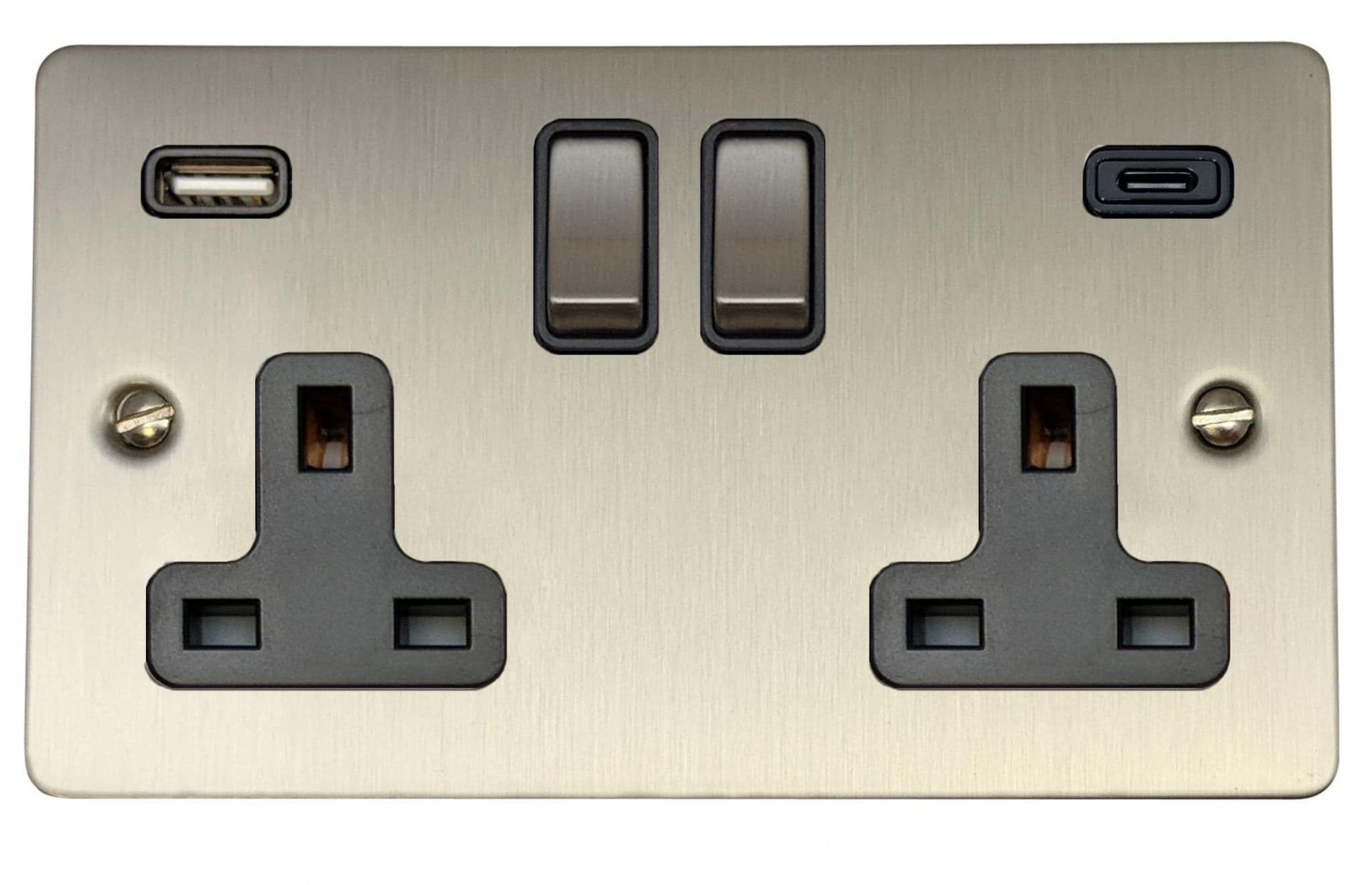 G&H Brassware G&H Fss3911 Flat Plate Brushed Steel 2 Gang Double 13A Plug Socket 3.1A Usb A + C