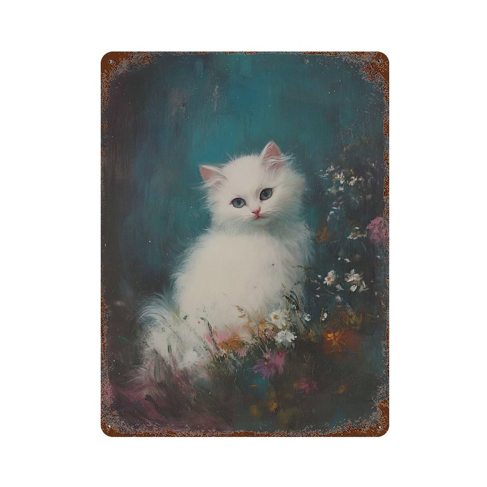 White Kitten in Flowers 15.7"x11.8" Weathered Tin Sign, Rustic Home Decor for Living Room, Hallway And Home Decor
