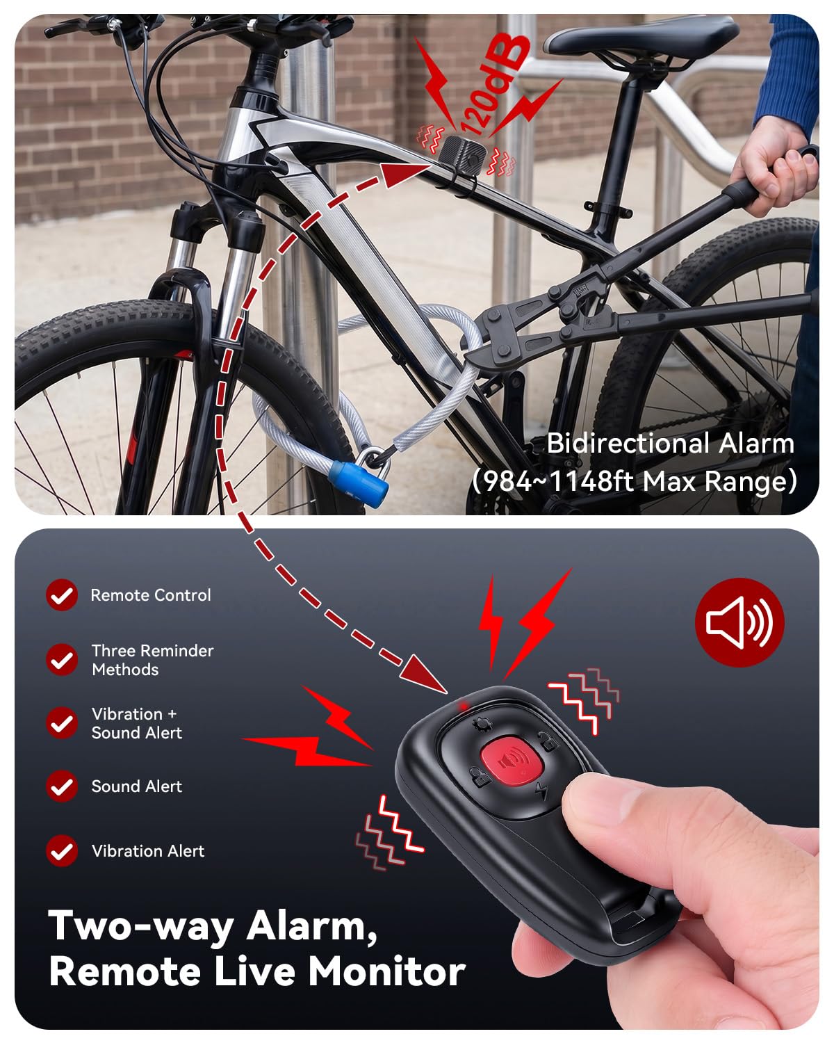 WSDCAM Dual Alert Fahrradalarm 120 dB, USB-C-Aufladung mit Fernbedienung | Zweiwege-Vibrationsalarm, 1148 Fuß Reichweite, IP65 wasserdicht, für E-Bikes, Motorräder, Roller