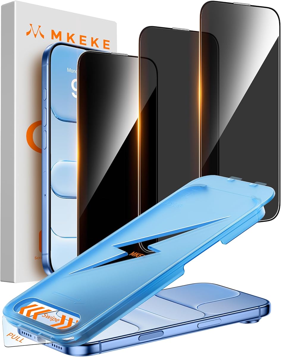 Mkeke for iPhone Air Privacy Screen Protector 3 Pack, [9H+ Tempered Glass] [16 FT Military-Grade Drop Protection] Shockproof Full Edge Coverage 6.5 inch 2025