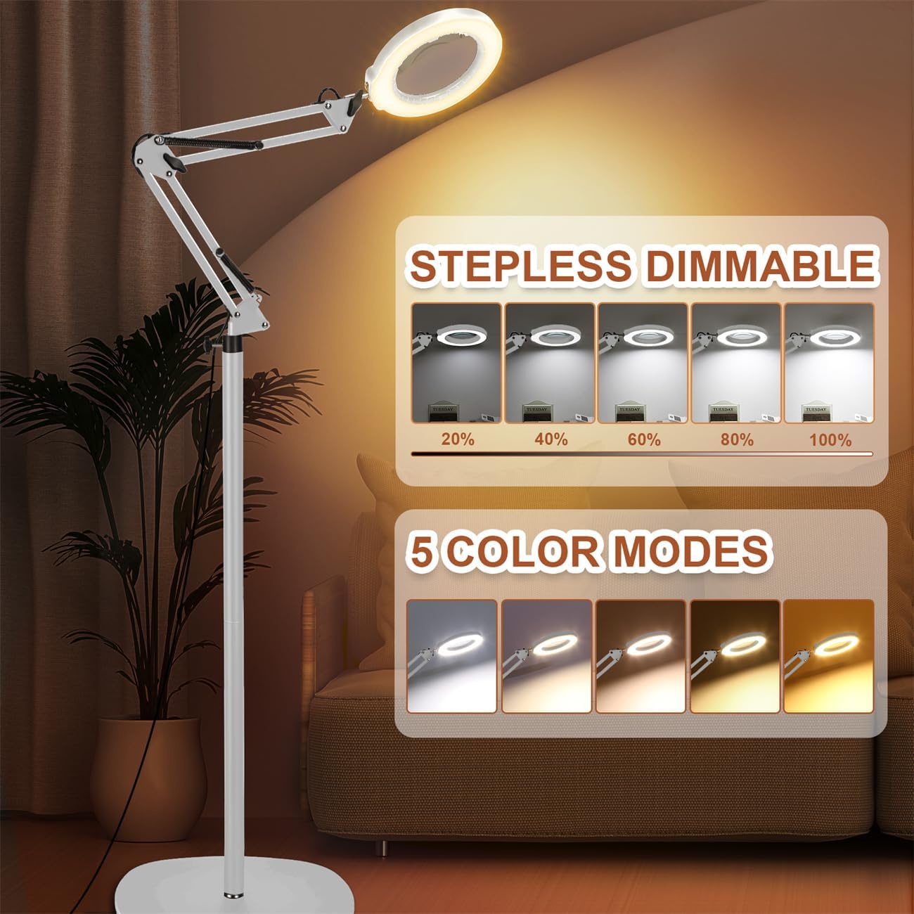 LANCOSC 10X Magnifying Glass with Light and Stand, 3-in-1 Adjustable Swing Floor Lamp, 5 Color Modes Stepless Dimmable, LED Lighted Hands Free Magnifier & Clamp for Reading, Crafts, Painting - White