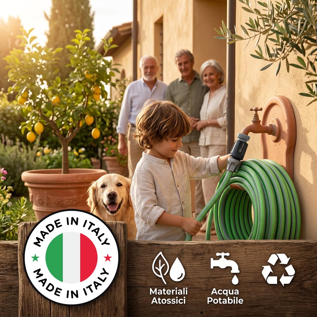 Tubo Estensibile da Giardino 14m 1/2'' Kit Completo con Lancia, Anti-Nodo, Antitorsione, Atossico, Raccordi Rapidi, Made in Italy