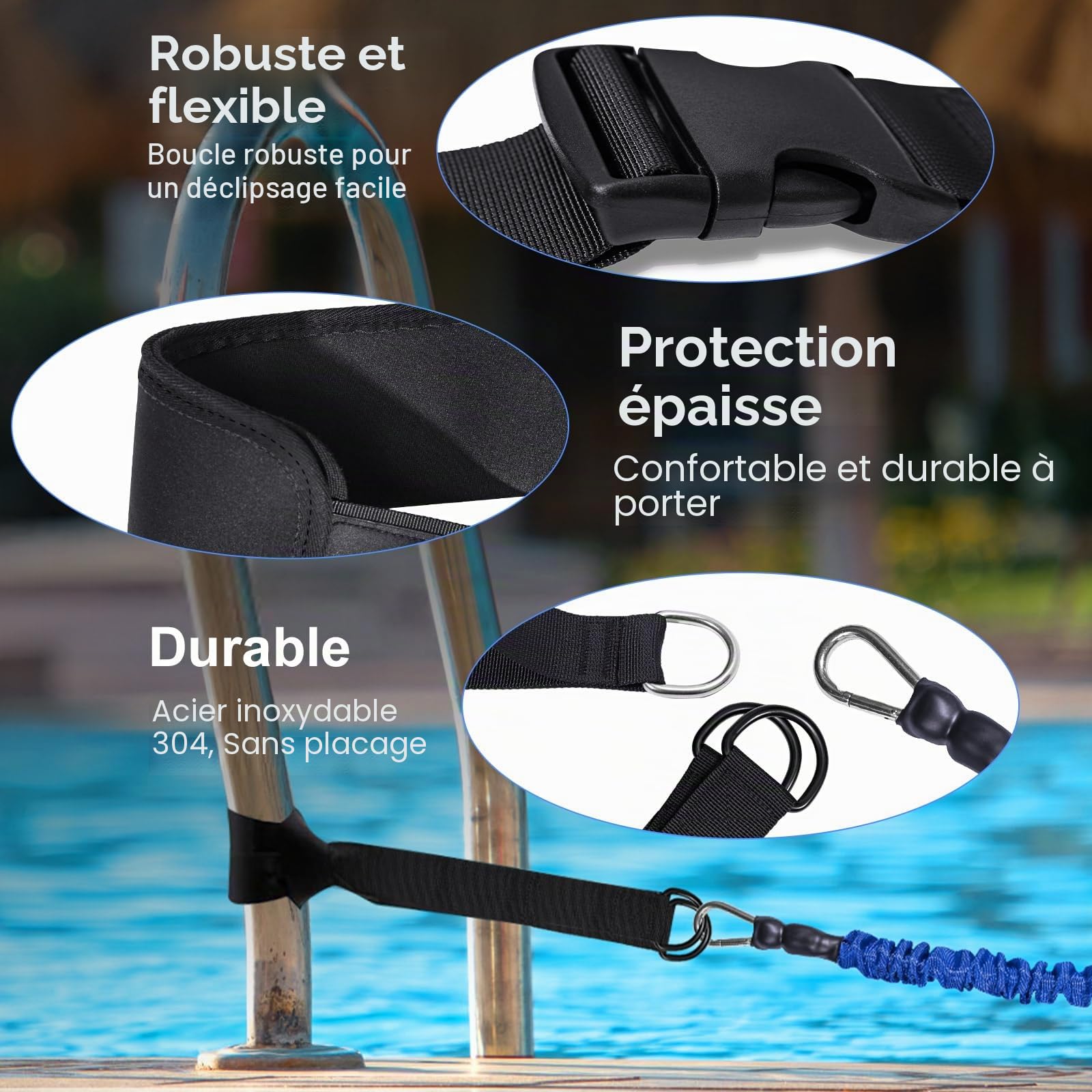 Sangle de Natation pour Piscine - Entraîneur de Natation Professionnel avec résistance réglable de 2,5 à 7,5 m - Ceinture d'entraînement pour Adultes- Entraînement de Piscine sans système