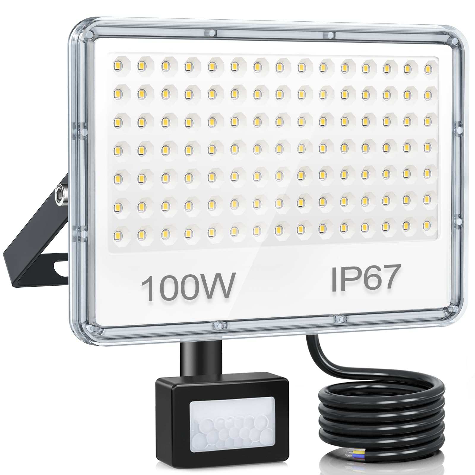 YIQIBRO Foco LED con Sensor de Movimiento 100W, 10000LM 7000K Focos LED Exterior, IP67 Impermeable Luz LED con Sensor de Movimiento, 105 LEDs Luces Led Exterior para Jardin, Terraza, Garaje, Entrada