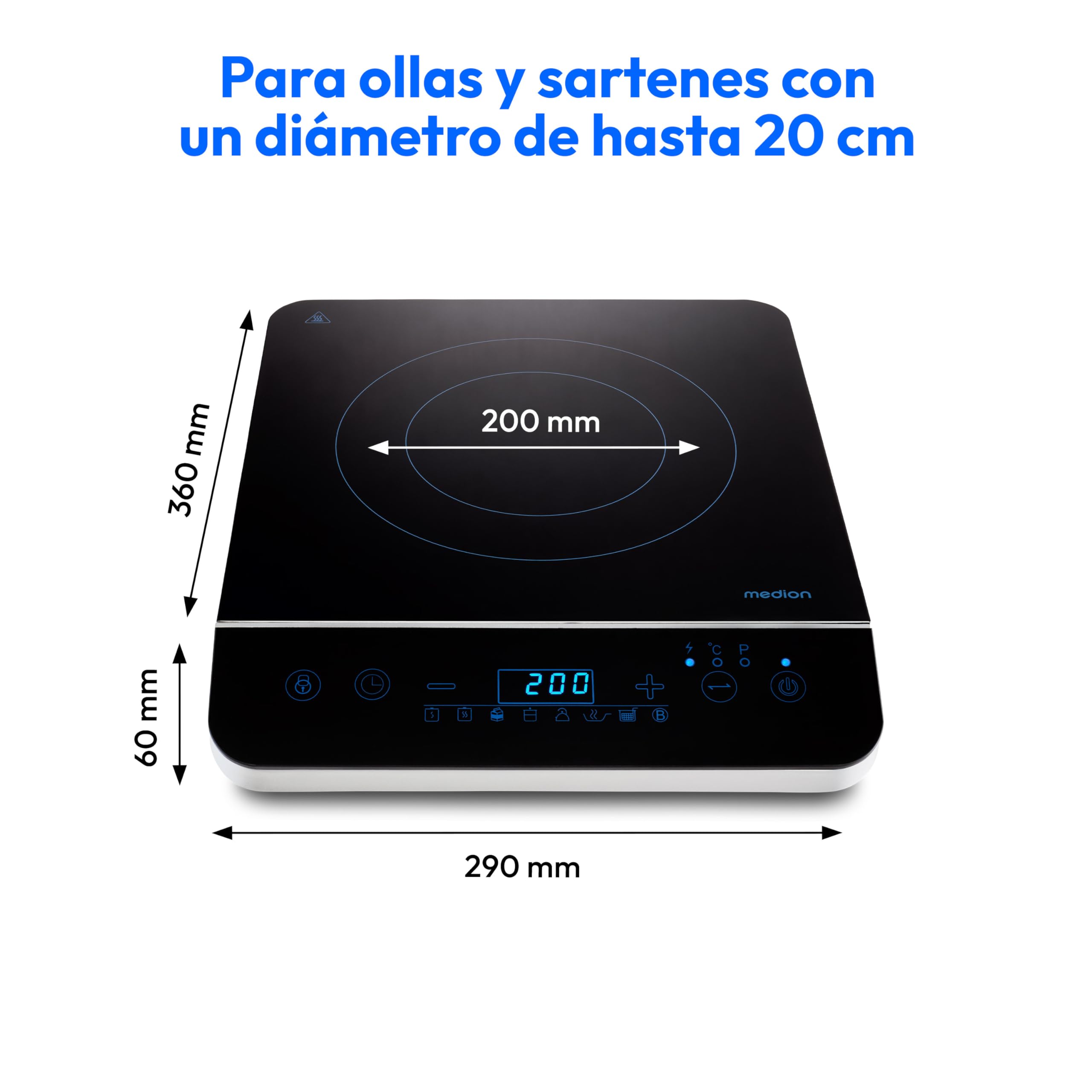 MEDION Piano cottura a induzione / 2000 watt/intervallo di temperatura 60-240°C / 8 programmi automatici / 10 livelli di potenza/display LED/MD 17595 / nero
