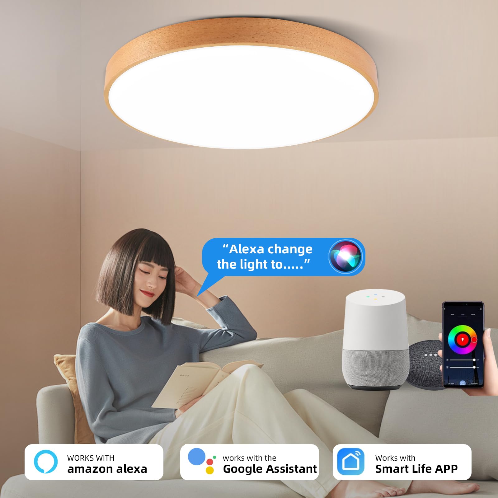 Plafoniera intelligente LED WiFi con telecomando, lampada da soffitto in legno di faggio naturale compatibile con Alexa Google Home, luce cambia colore dimmerabile per la camera da letto