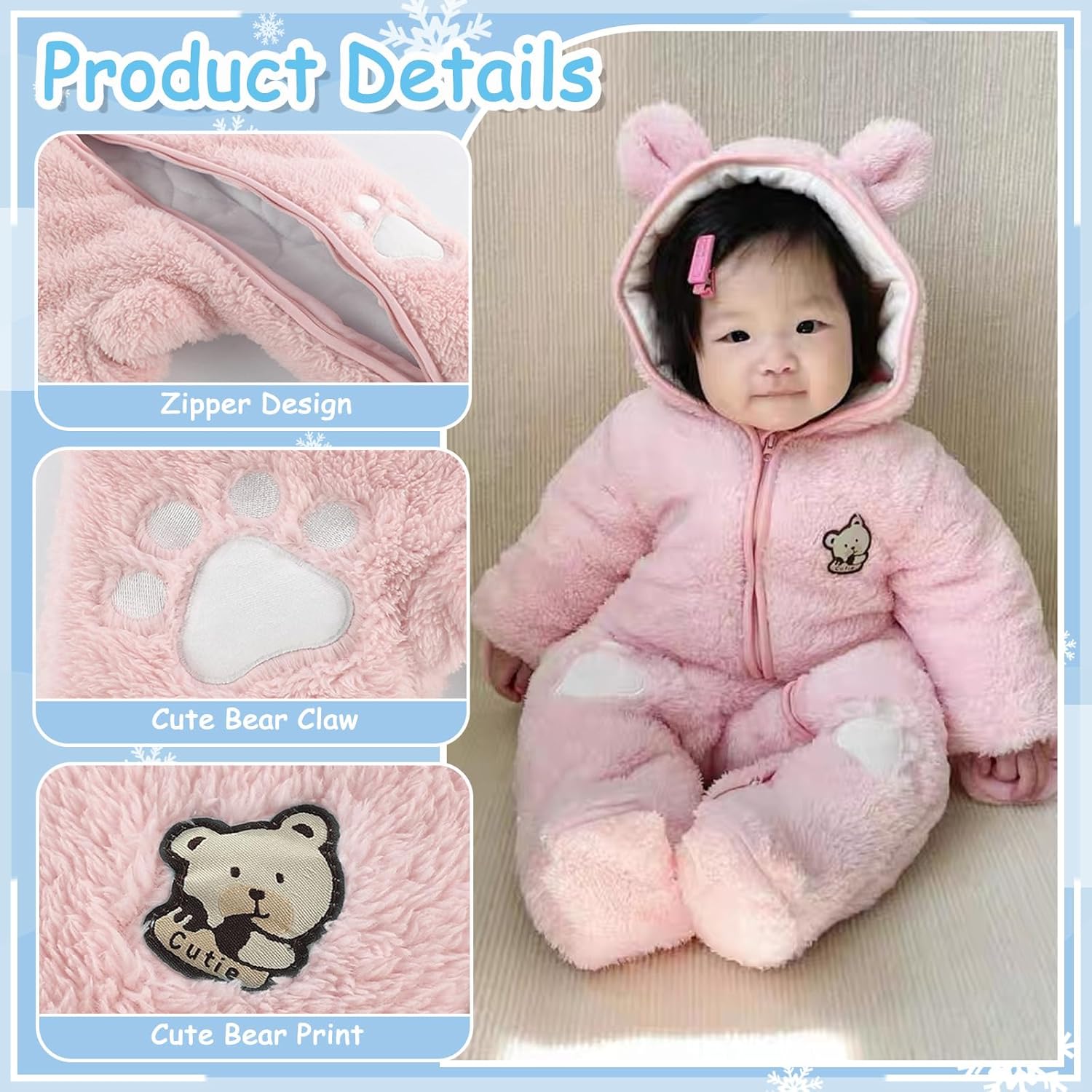 Newborn Baby Bear Onesie Snowsuit Winter Footie Fleece Romper Hooded Jumpsuit Infant Coat for Girls Boys 0-12M - Image 3