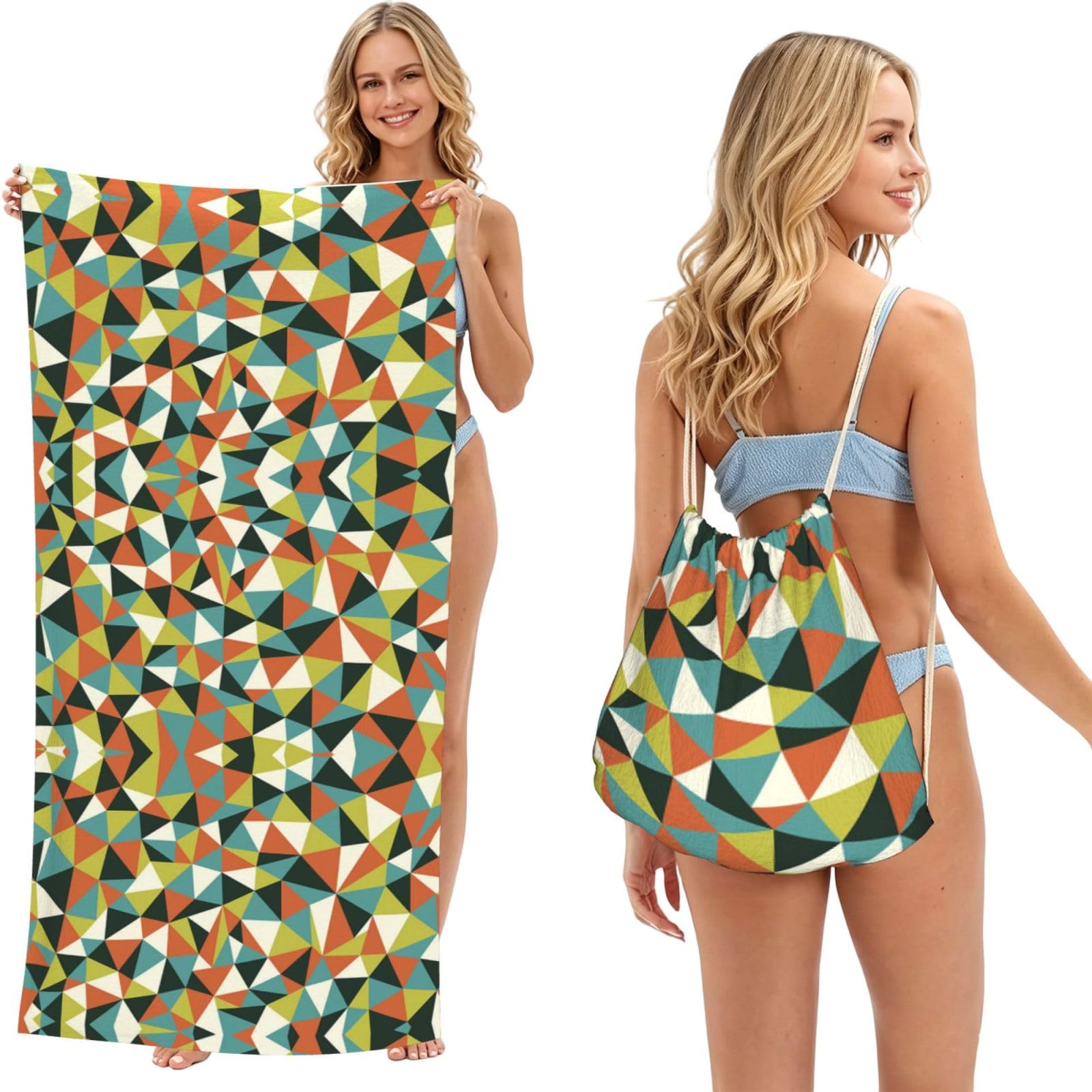 ESNAIUVCD Geometric Print Beach Towel For Adults,Towel With Drawstring Bag, Travel Pool Swimming Sports Shower Sand Free Quick Dry Bath Towel For Pool, Beach, Yoga- 180x60cm