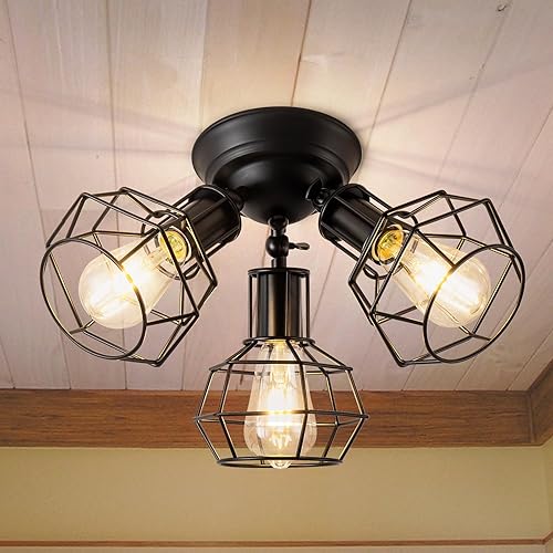 Lámpara de techo industrial negra semiempotrada vintage de 3 luces de jaula negra, lámpara de techo de montaje empotrado negro para cocina,