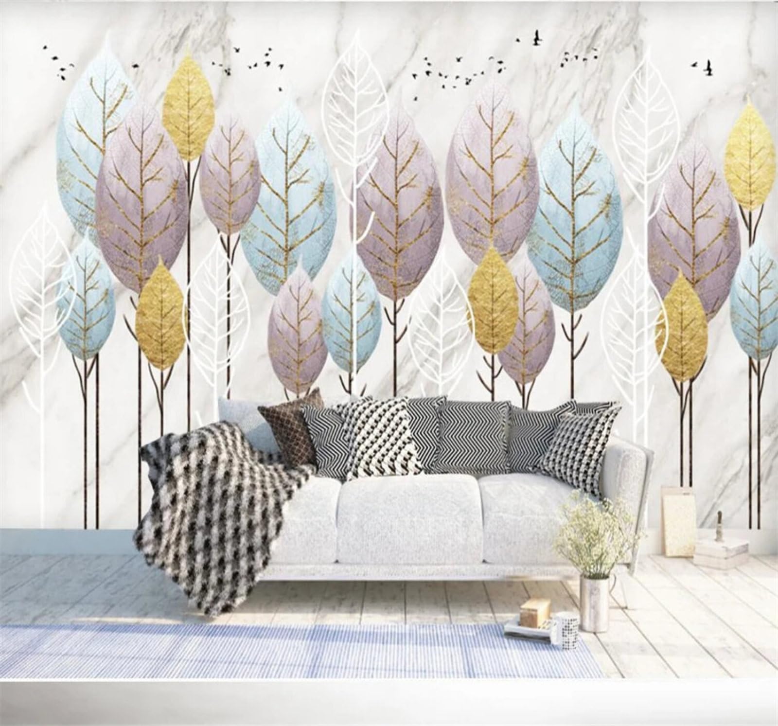 Minimalism Rich Leaves Birds Landscape 3D Wallpaper Easy Install Feature Office Living Room Sofa Bedroom TV Background Wall Decoration-200cm×140cm
