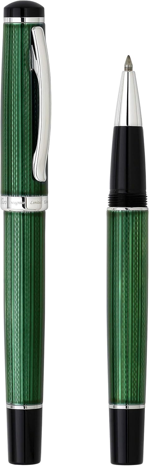 Xezo Incognito Rollerball Pen, Fine Point. Forest Green Color with Pure Platinum Plating. Handcrafted, Limited Edition, Serialized