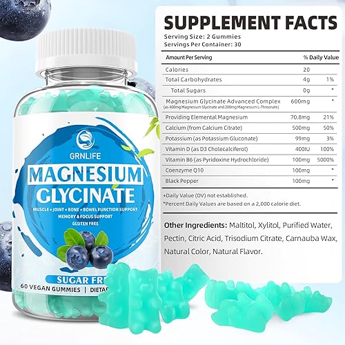 Miniatura 2 de GrnLife Gomitas de glicinato de magnesio de 600 mg, gomitas sin azúcar para adultos, suplemento de magnesio y potasio con vitamina D, B6, CoQ10 para