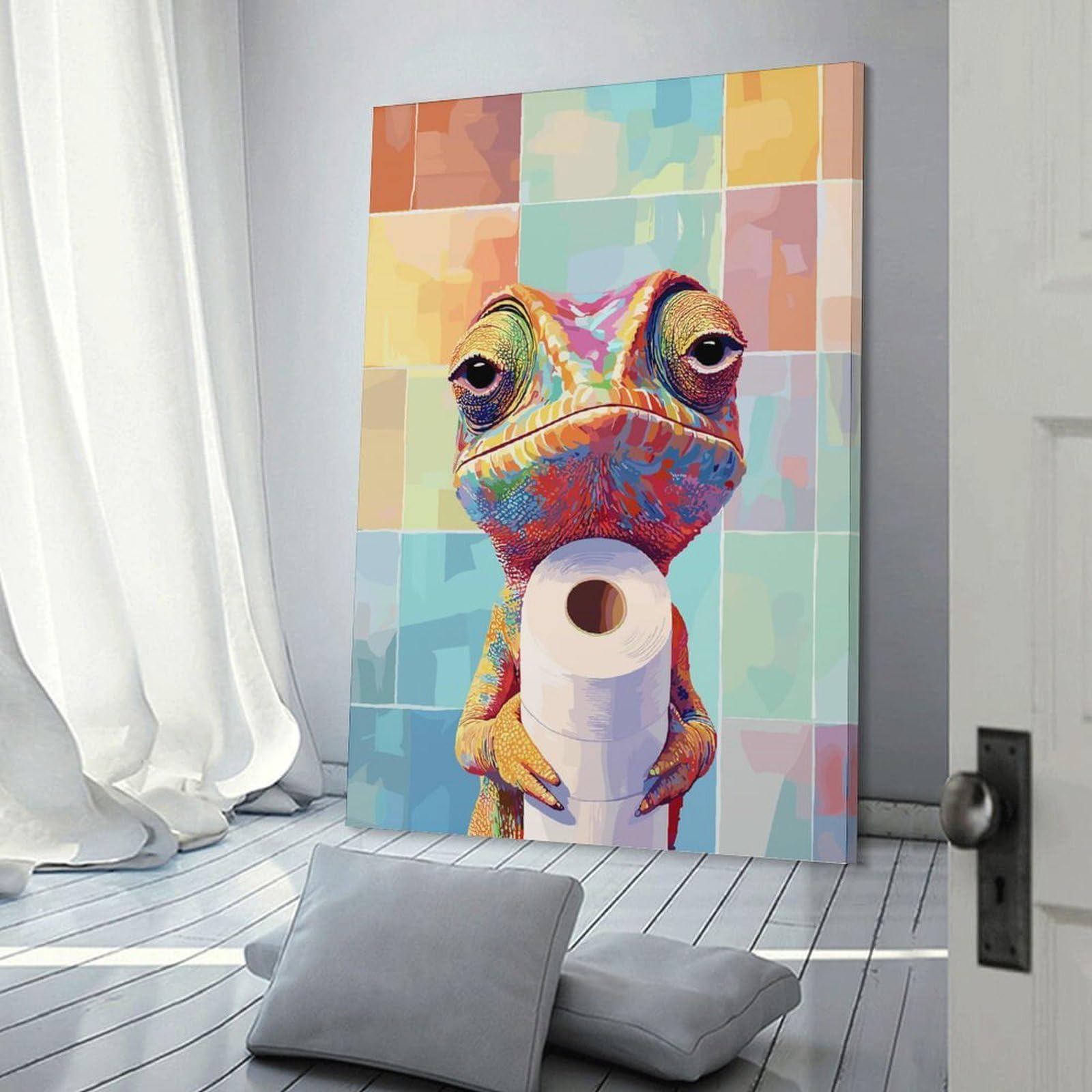 Junmoney Frame-Style-3 Decorative Wall Artwork Colorful Chameleon Holding Toilet Paper, 20X30inch(50X75cm), For Contemporary Homes, Apartments Or Offices, An Easy Choice For New Home Styling