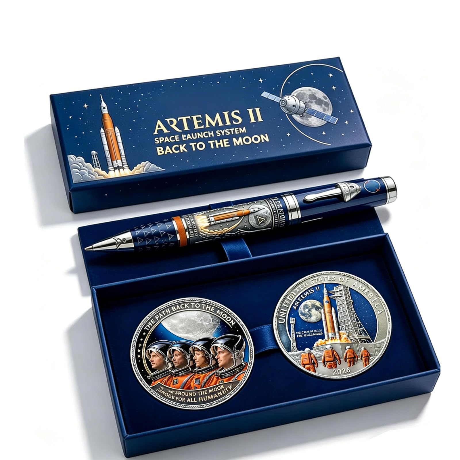 Artemis II Back to The Moon Mission Commemorative Pen with Coin, Rocket Astronaut Themed Ballpoint Pen for Space Lovers, Men, Office Desk Decor, Collector's Pen with Gift Box (01#)