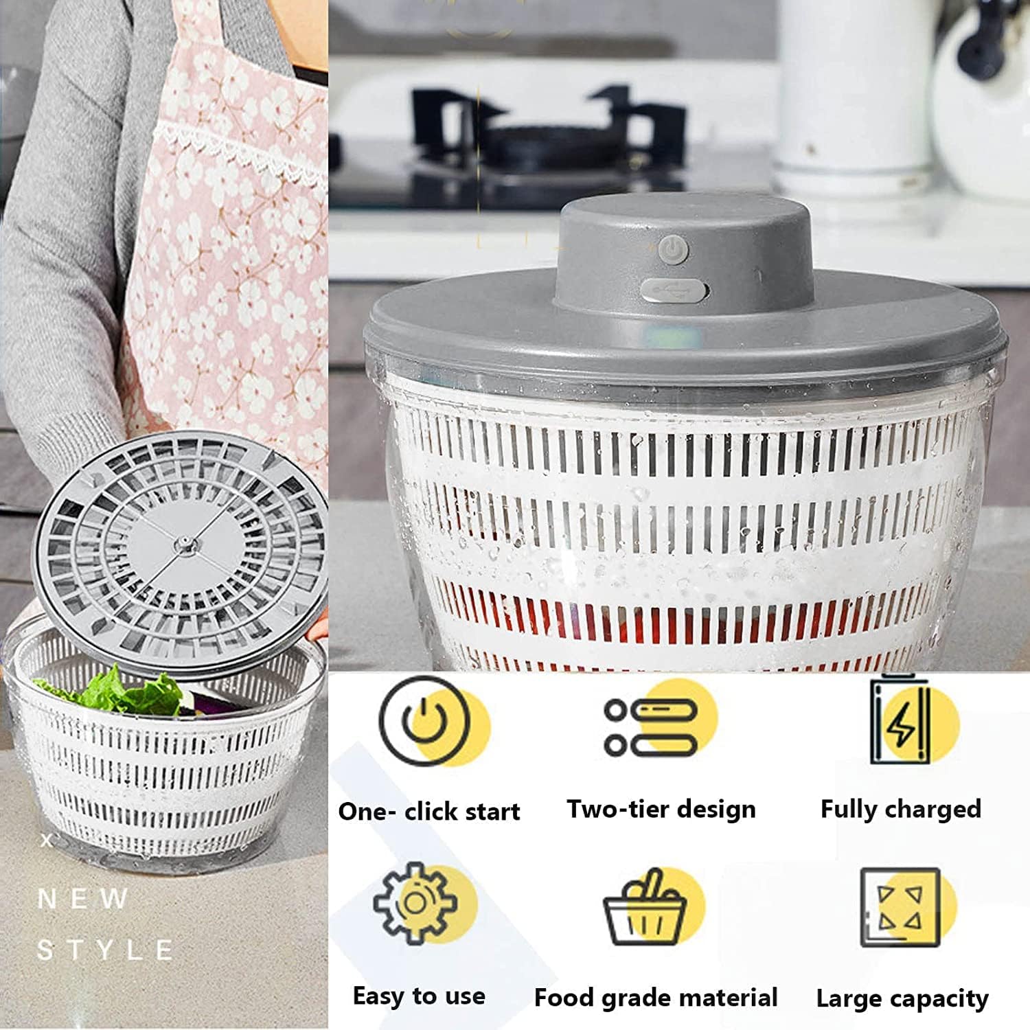 Electric Salad Spinner, 4L Wireless USB Salad Spinner Dehydrator for Fruit Vegetables, Large Capacity Salad Vegetable Dryer, Quick Drainage Electric Mixer White