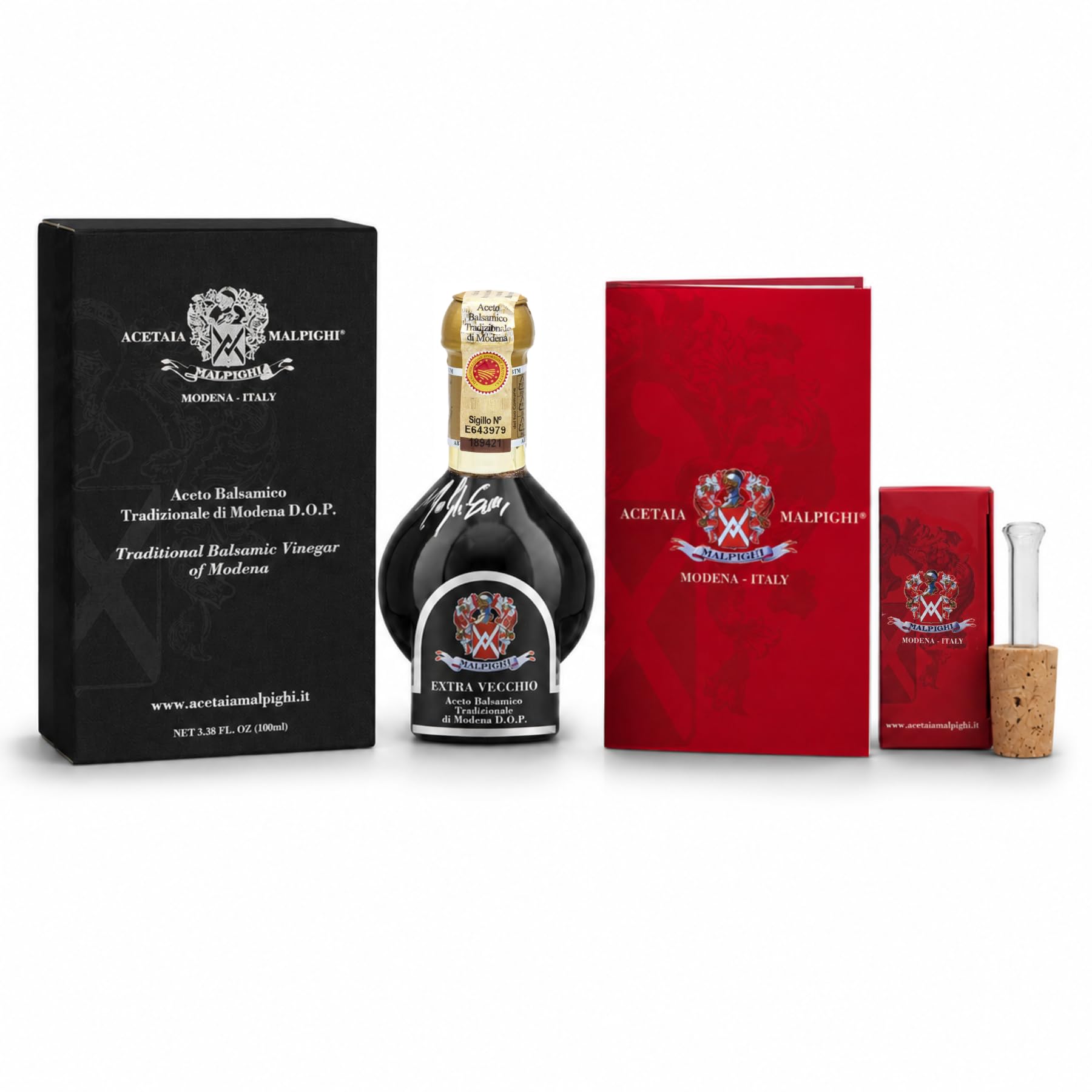 Acetaia Malpighi – Traditioneller Balsamico-Essig aus Modena DOP Extravecchio Ermes Malpighi – 100 ml – Nur gekochter Most – mit Rezeptbuch und Dosierverschluss