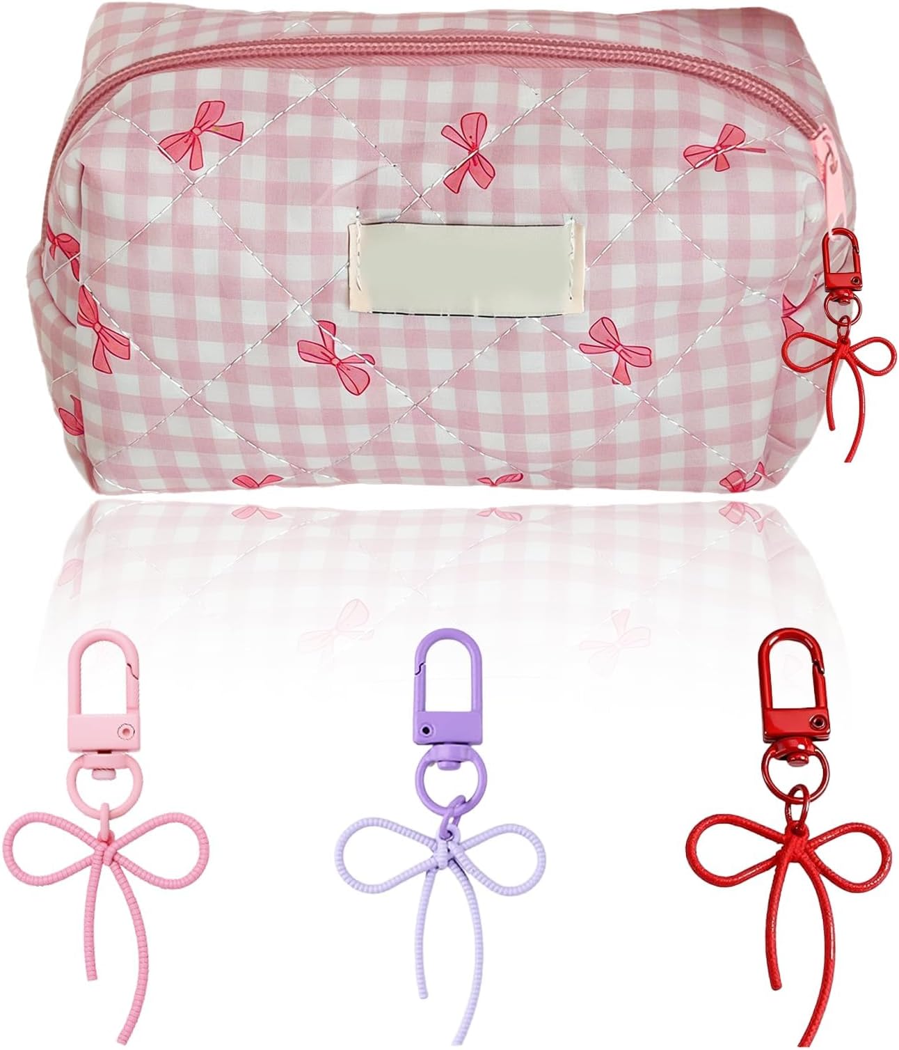 Multifunctional Pink Pencil Case, Bow Pencil Case with 3 Pcs Cute Bow Keychain Aesthetic Makeup Cosmetic Bag for School Office Supplies Travel for Girls Teens Student Stationery Organizer