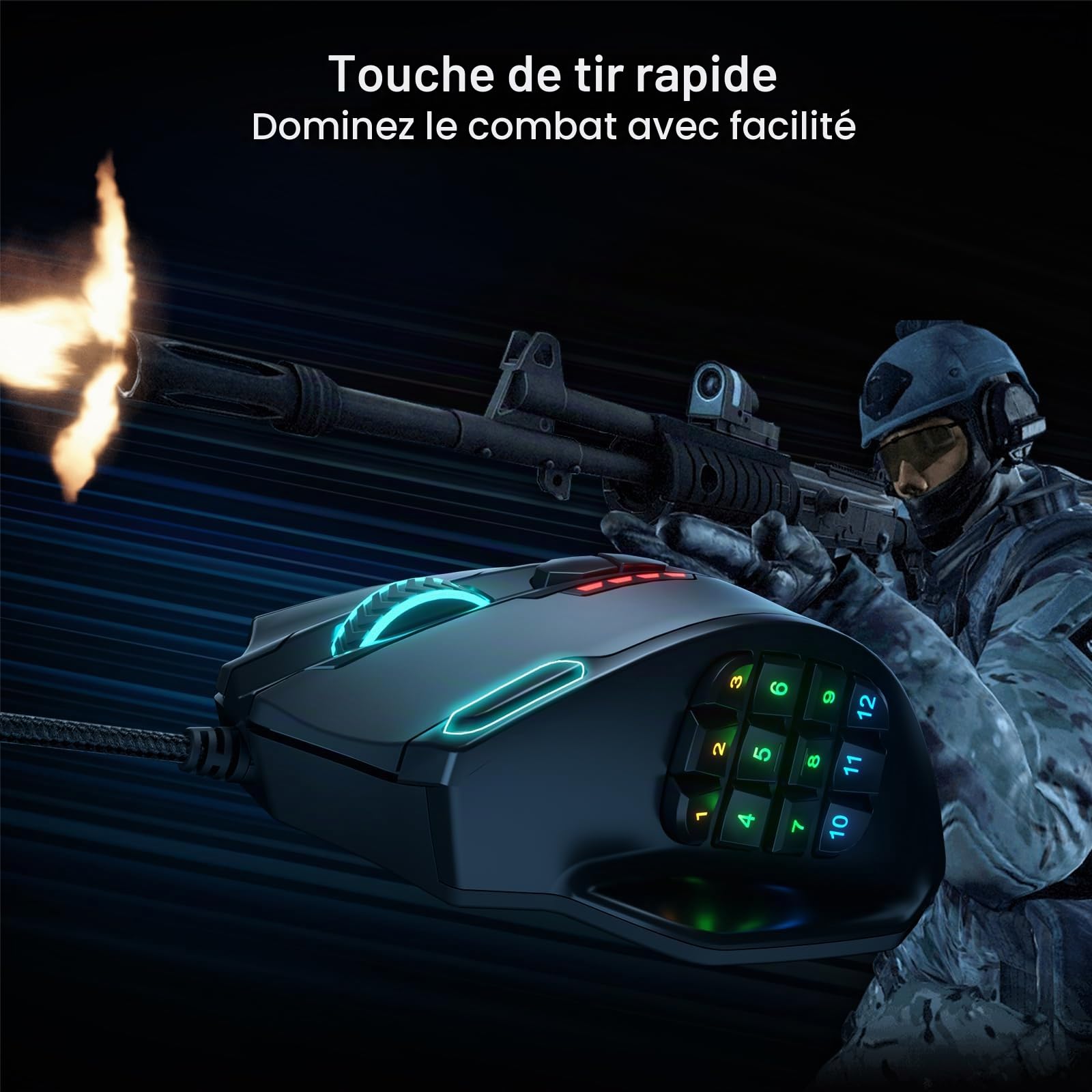 Redragon M908 Impact RGB LED MMO Souris de jeu 12 boutons latéraux, souris optique filaire ergonomique 12 400 DPI, haute précision, 18 raccourcis macro programmables