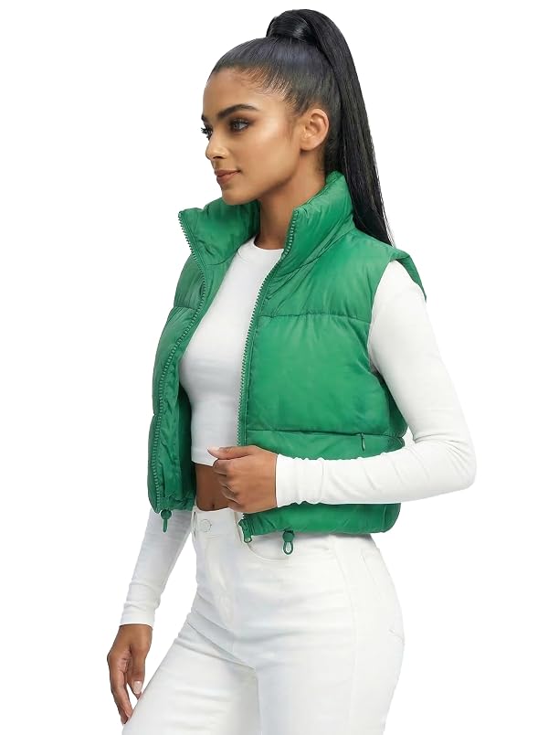 Fuinloth Women's Padded Vest, High Stand Collar Lightweight Zip Crop Puffy Gilet Bright Green XS by Fuinloth - Used condition - Image 3