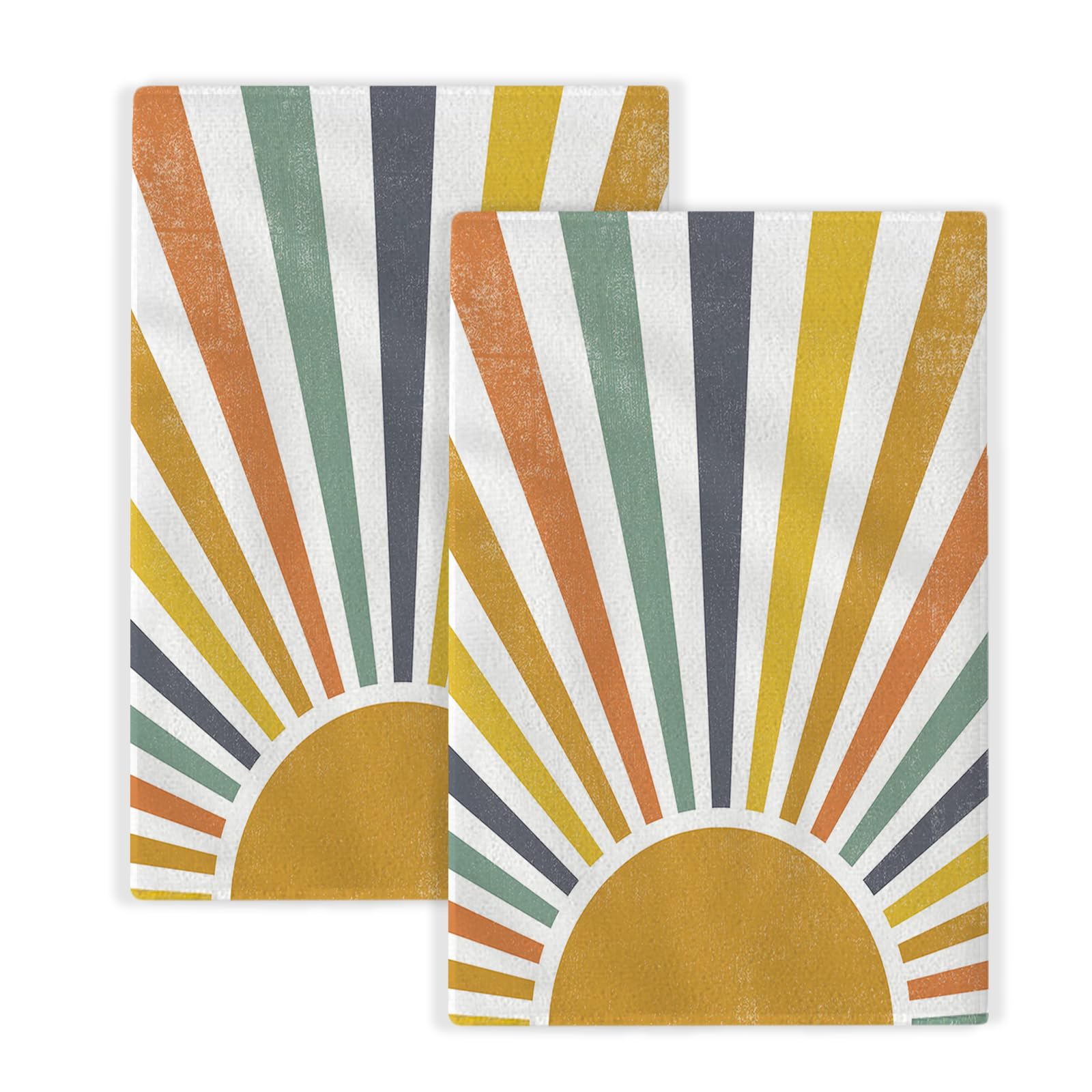 Summer Kitchen Towels Boho Stripes Yellow Sunshine Dish Towels Outdoor Cute Colorful Rainbow Sun Hand Towels,16x24 Inch Farmhouse Decoration Absorbent Dish Cloths Set of 2 for Kitchen