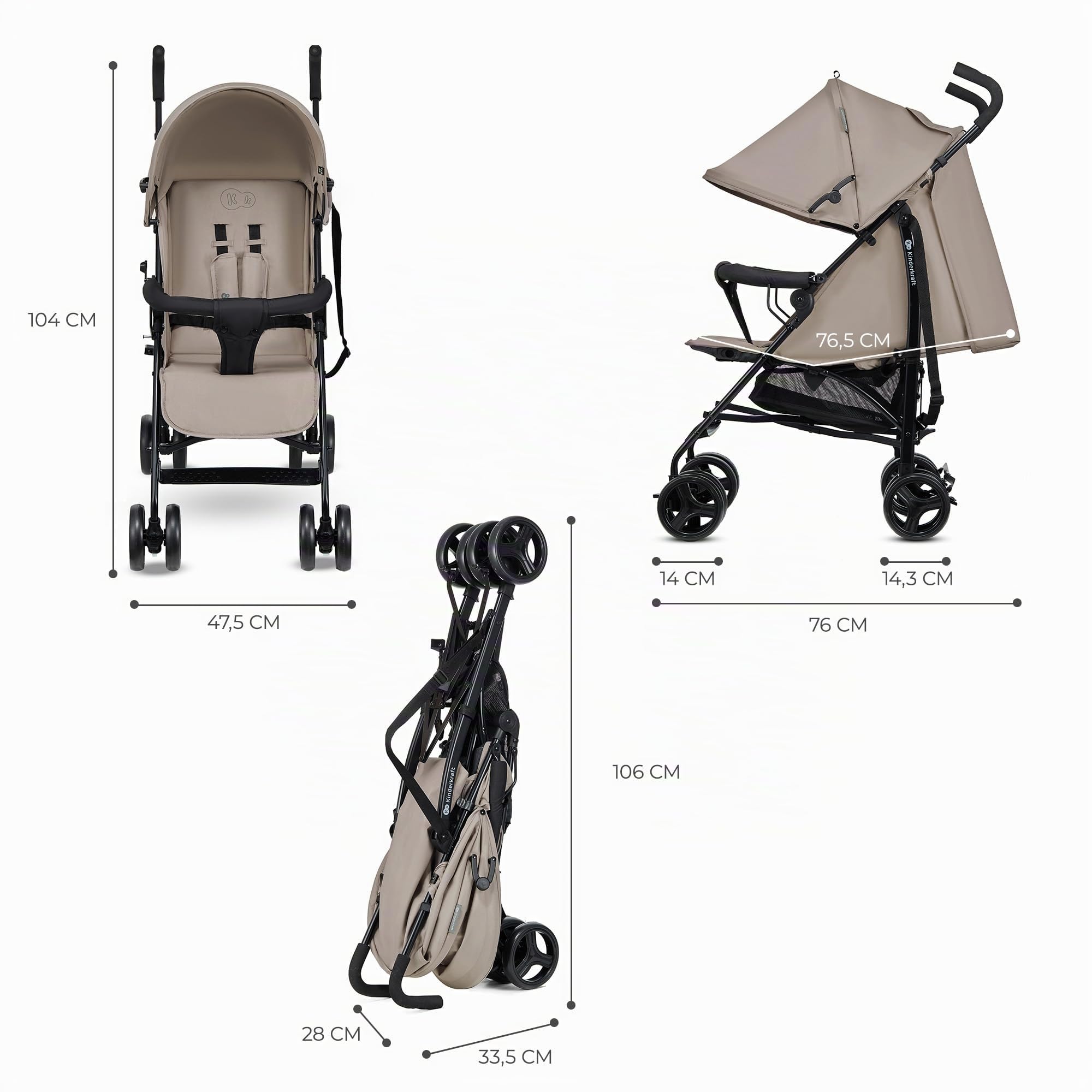 Kinderkraft TIK Poussette Légère, Ne Pèse Que 6,5 kg, Poussette De Voyage, Facile À Pince, Dossier Réglable En Position Allongée, De La 6 Mois, poids maximum jusqu'à 17kg, Beige