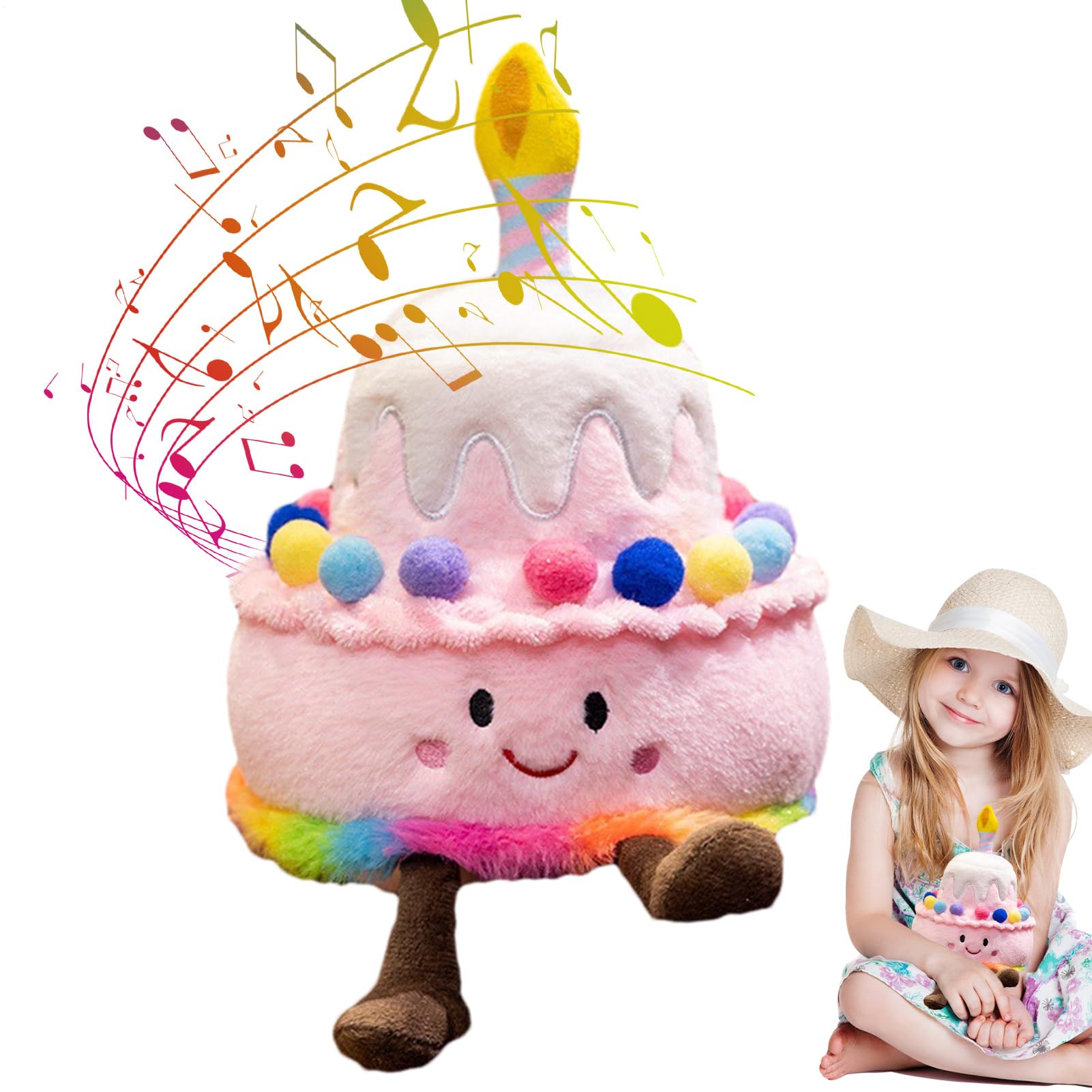 Birthday Cake Plush Toy 25cm Happy Cake Stuffed Toy With Singing Birthday Song Cute Smile C-ake Pillow With Candle & Dangling Legs Cak-e Stuffed Animals Celebration Plush Toys For All Ages