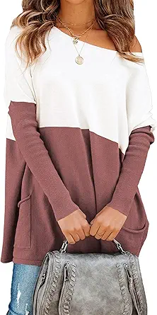 PRETTYGARDEN Womens Causal Loose Sweater Color Block Knit Pullover Off Shoulder Comfy Jumper Tops