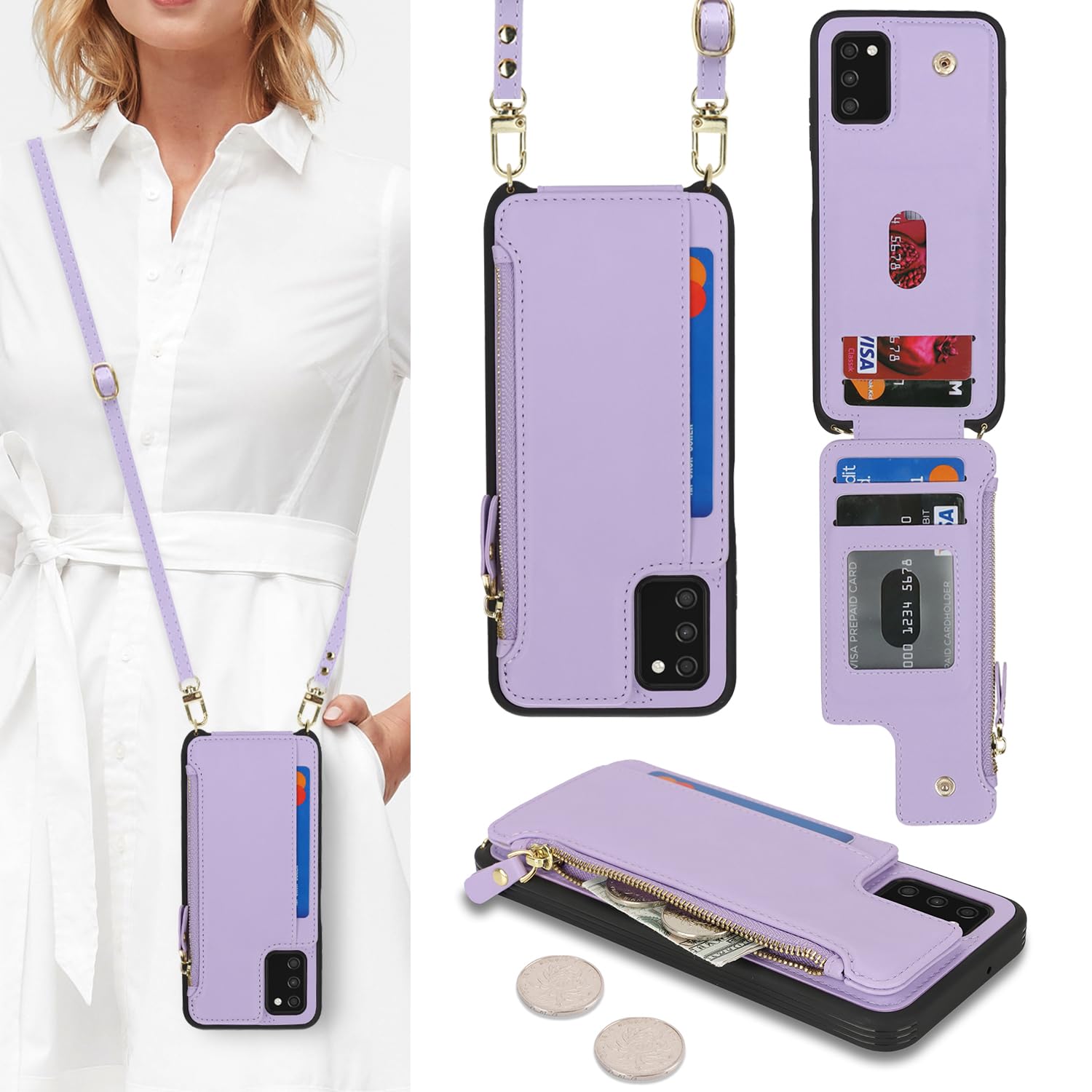 Cavor for Samsung Galaxy A03S Phone Case Wallet with Card Holder for Women,Galaxy A03S Crossbody Case with Strap,Lanyard Wristlet,Leather Zipper Pocket Case-Purple