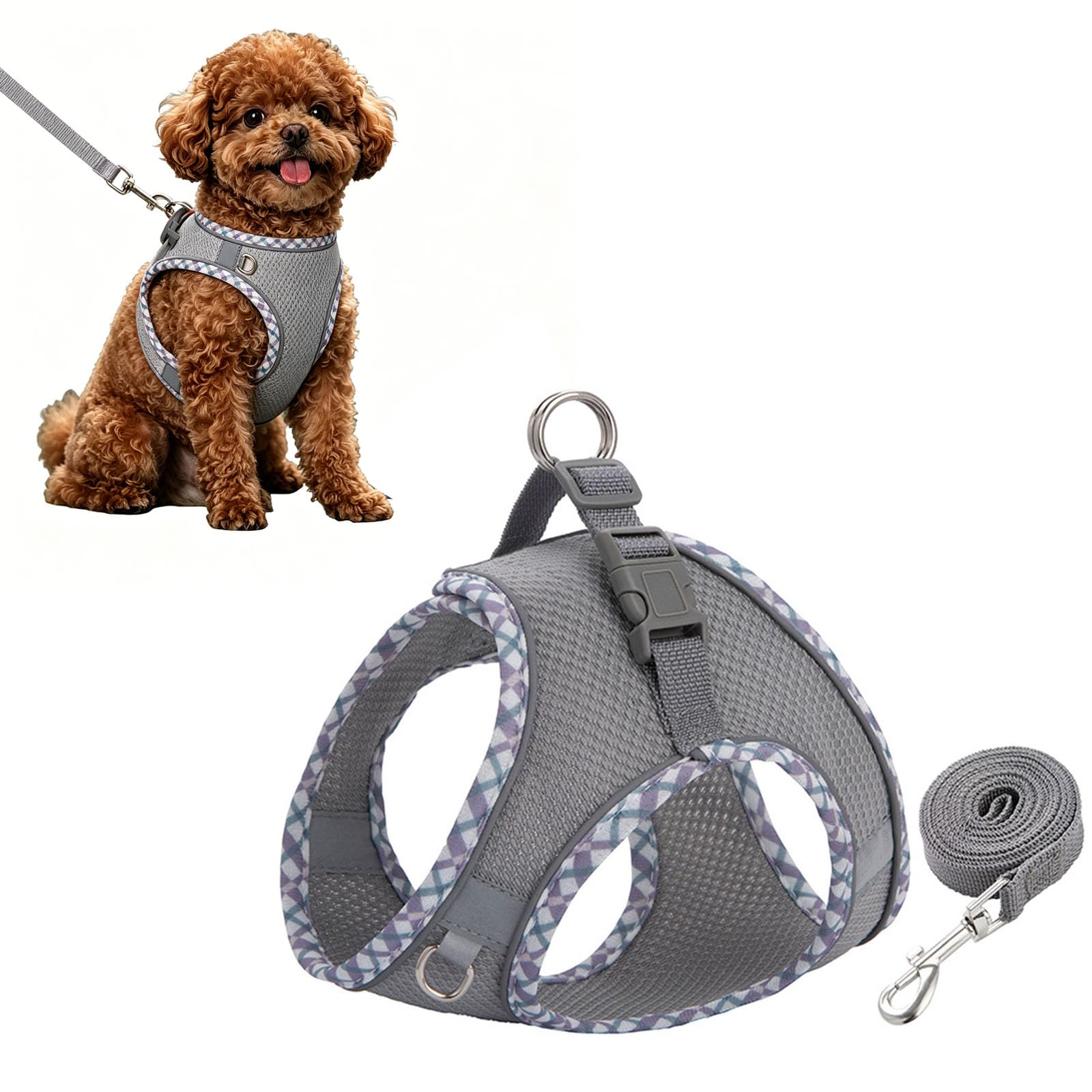 Cat Harness and Lead Set, Adjustable Kitten Harness and Leash Set Escape Proof, Soft Breathable Mesh Harness Vest for Small Medium Cat Dog Daily Outdoor Walking Travel (Grey, L)