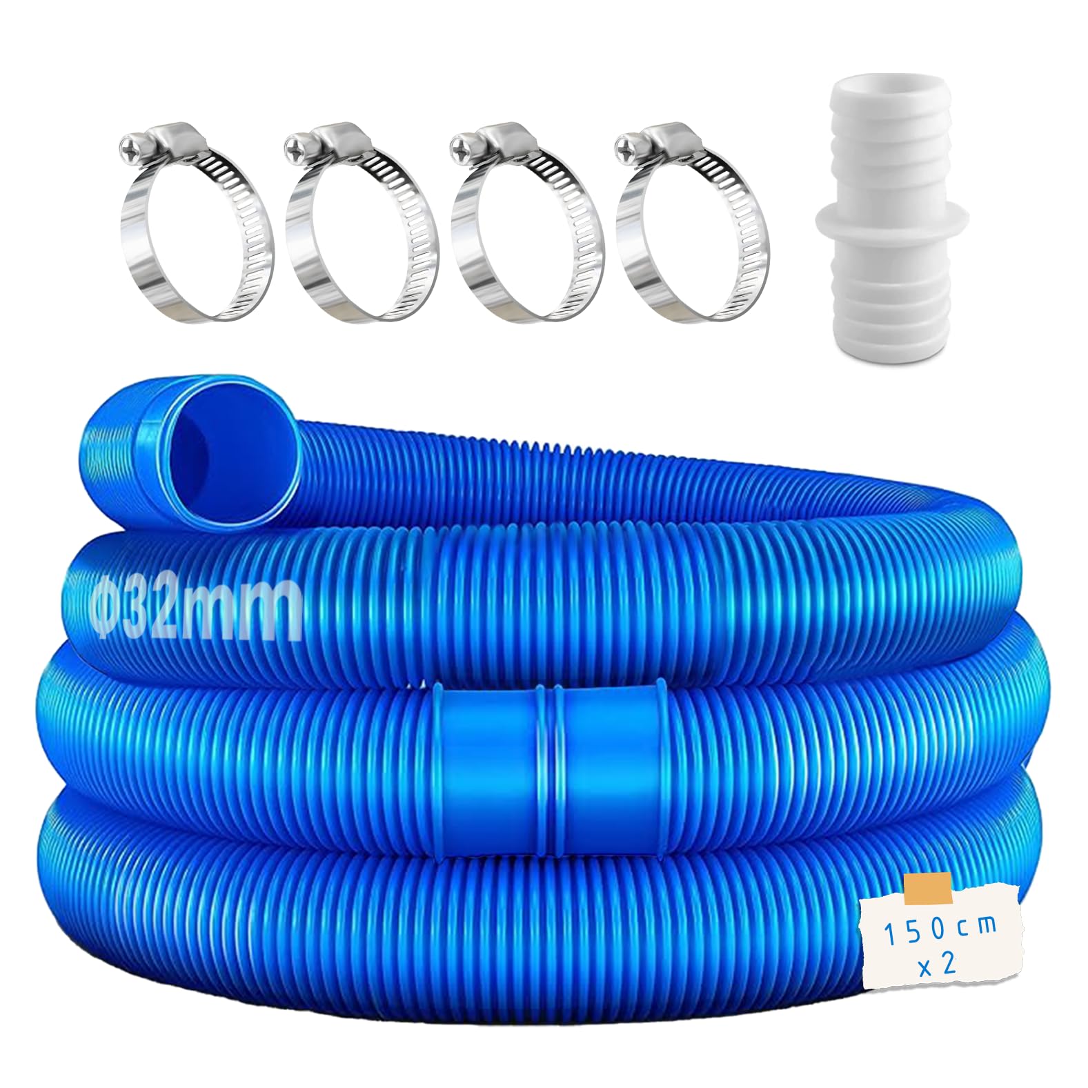 2 mangueras de piscina de 32 mm (azules) para bombas – incluye 4 clips de seguridad y 1 conector – ideal para bombas de filtro, limpiadores y calentadores de piscina