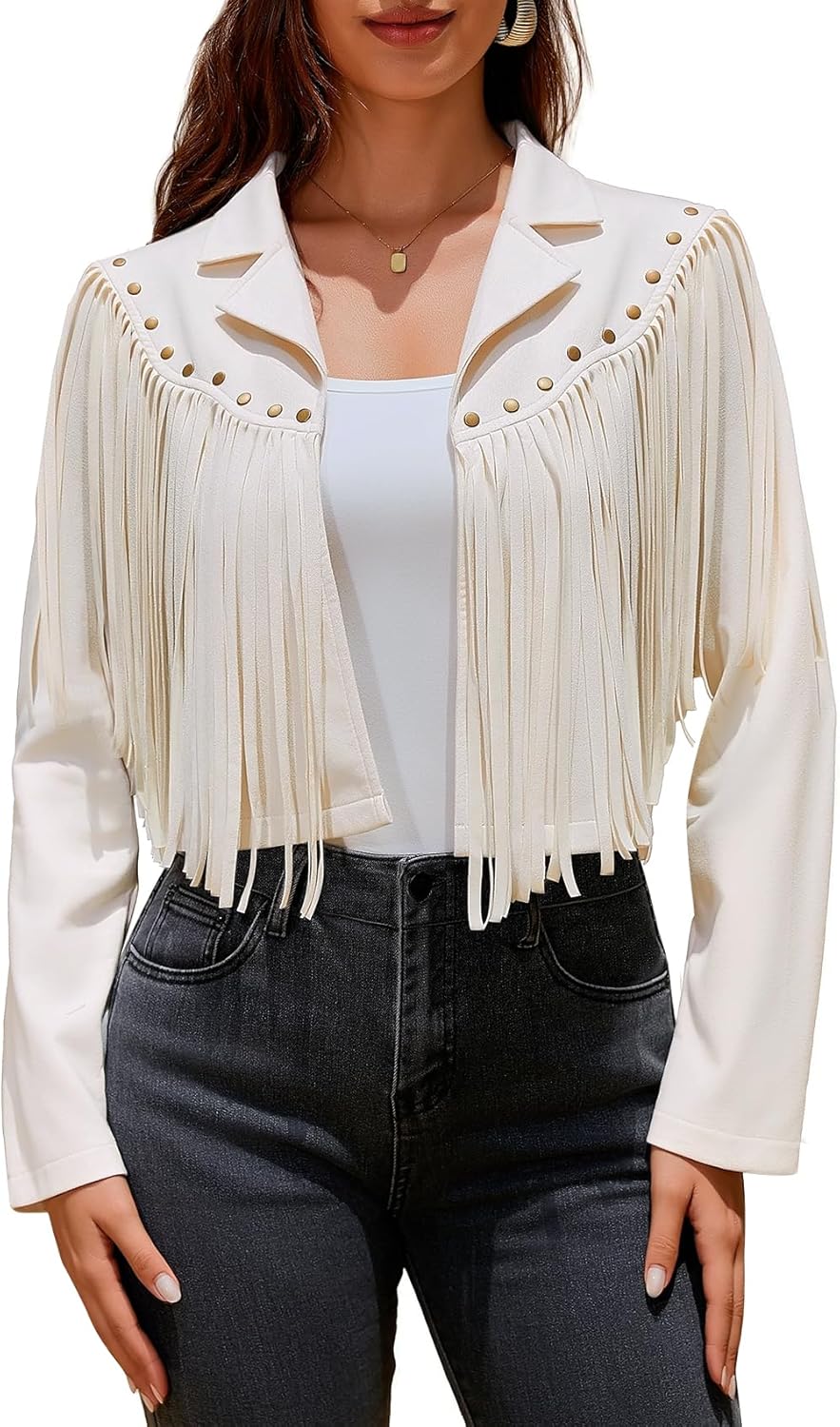 UpFind Women's Fringe Faux Suede Leather Jackets Fashion Fall Western Tassel Motorcycle Cropped Open Front Coats with Rivets