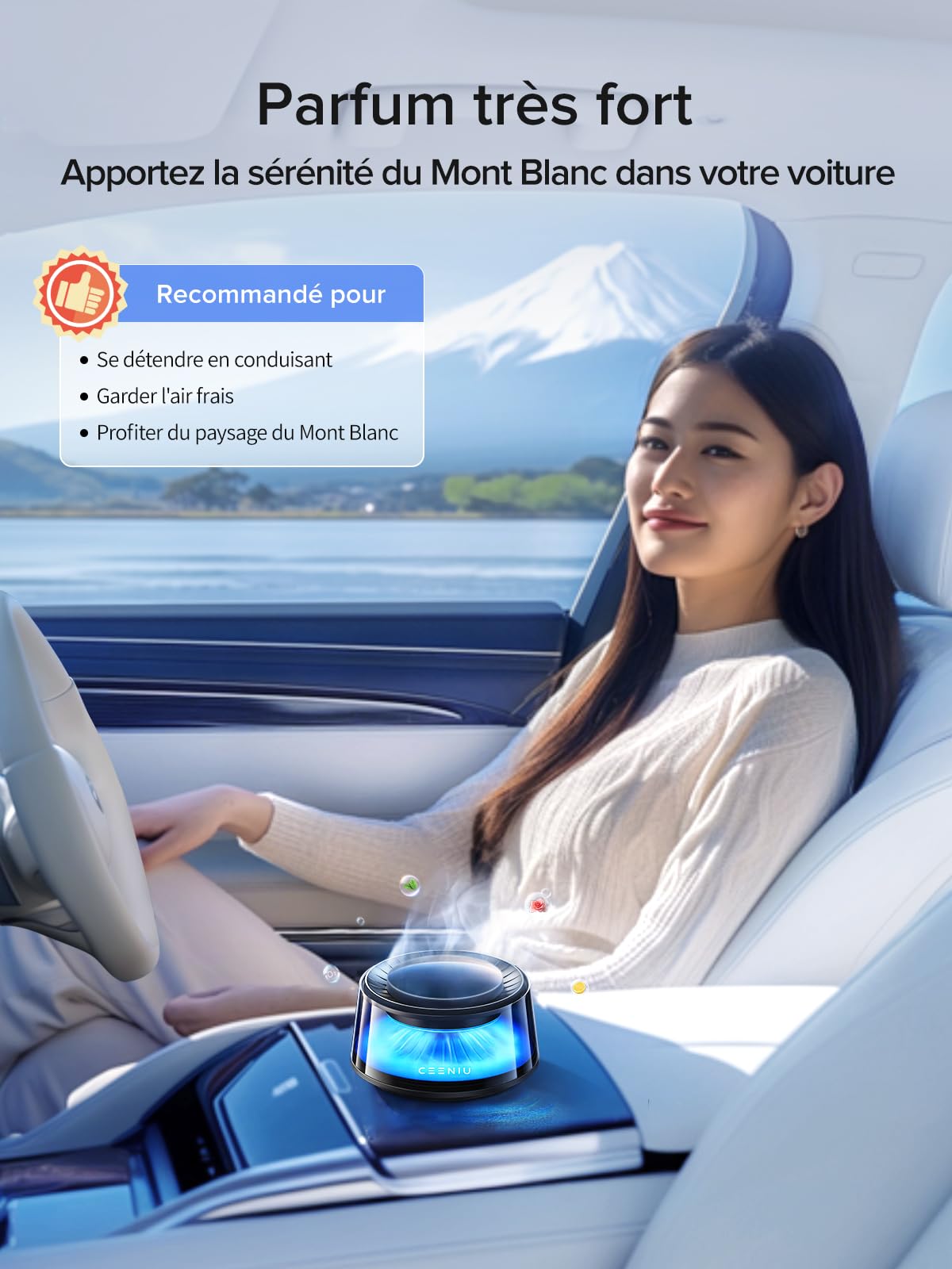 Ceeniu Désodorisant Voiture, CF8 Diffuseur Voiture avec Interrupteur Automatique, 2 Recharges Incluses, Rechargeable à l'Énergie Solaire, Adapté à Parfum Voiture et Parfum Voiture Intérieur
