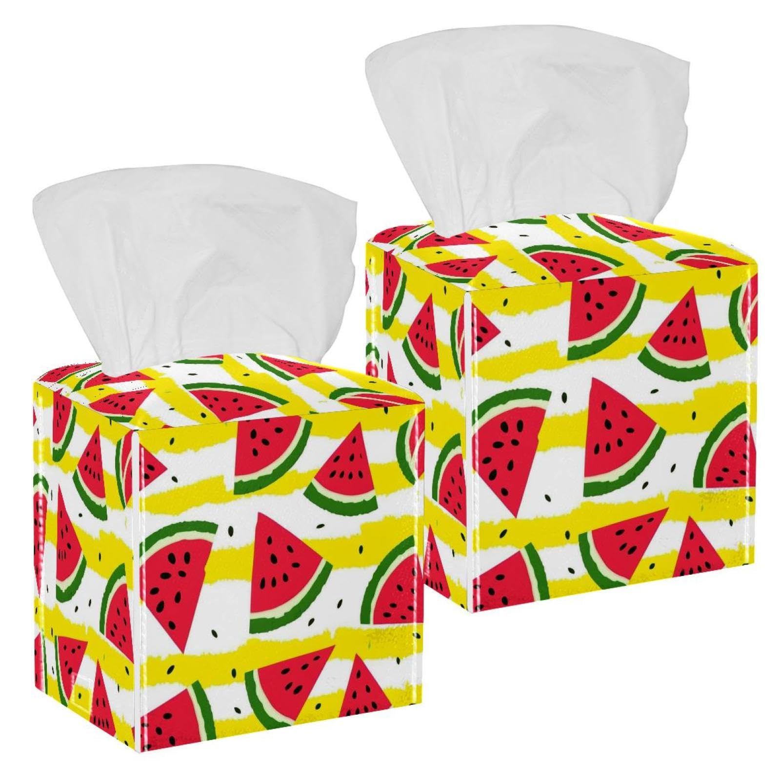 Watermelon Tissue Box Cover, 2 Pack PU Leather Square Facial Tissue Dispenser Box holder for Home Office Car