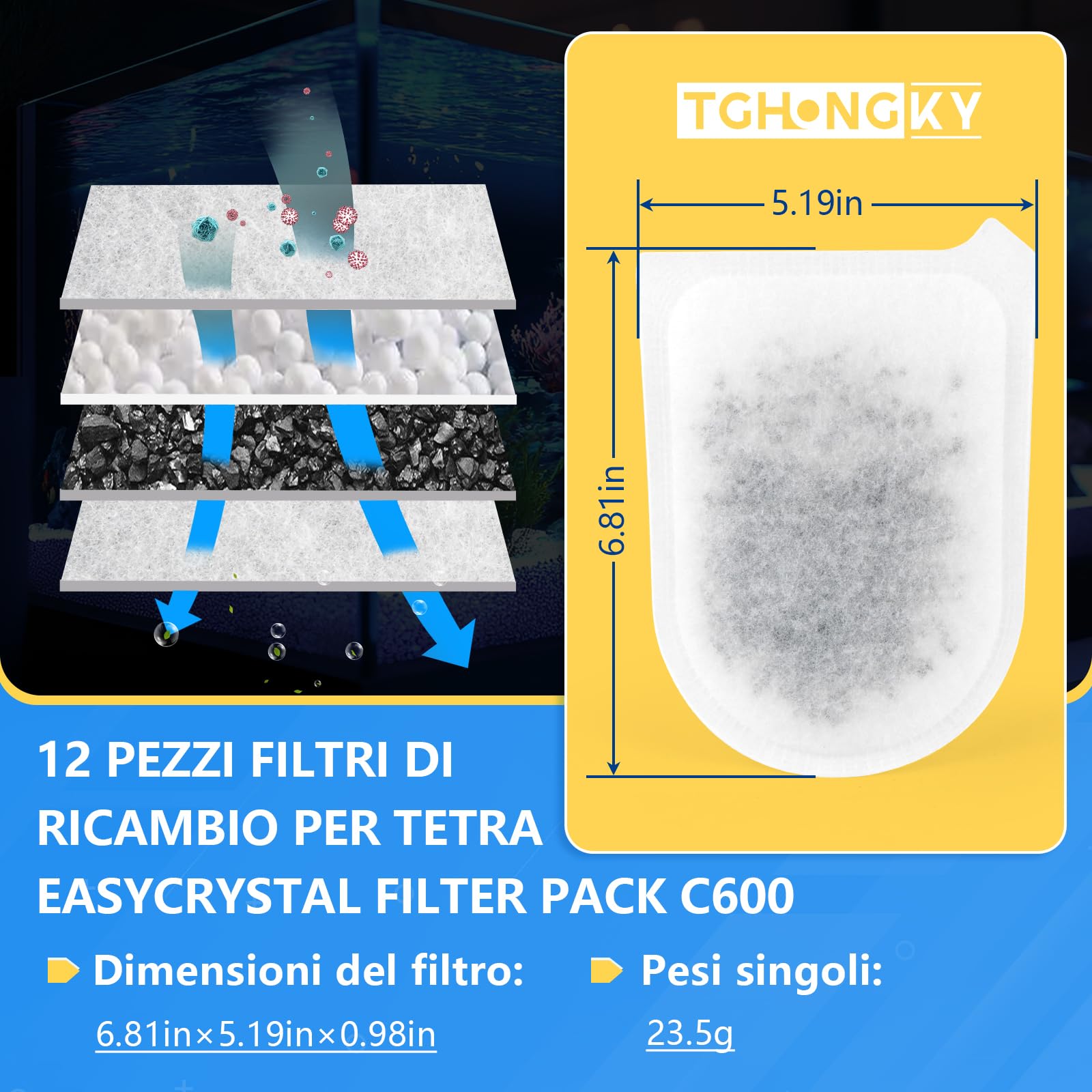 12 Pezzi Cuscinetti Filtro per Tetra EasyCrystal C600 Filtri di Ricambio per Tetra EasyCrystal Filter Pack C600 Cartuccia Filtro con Carbone Attivo e Zeolite YY