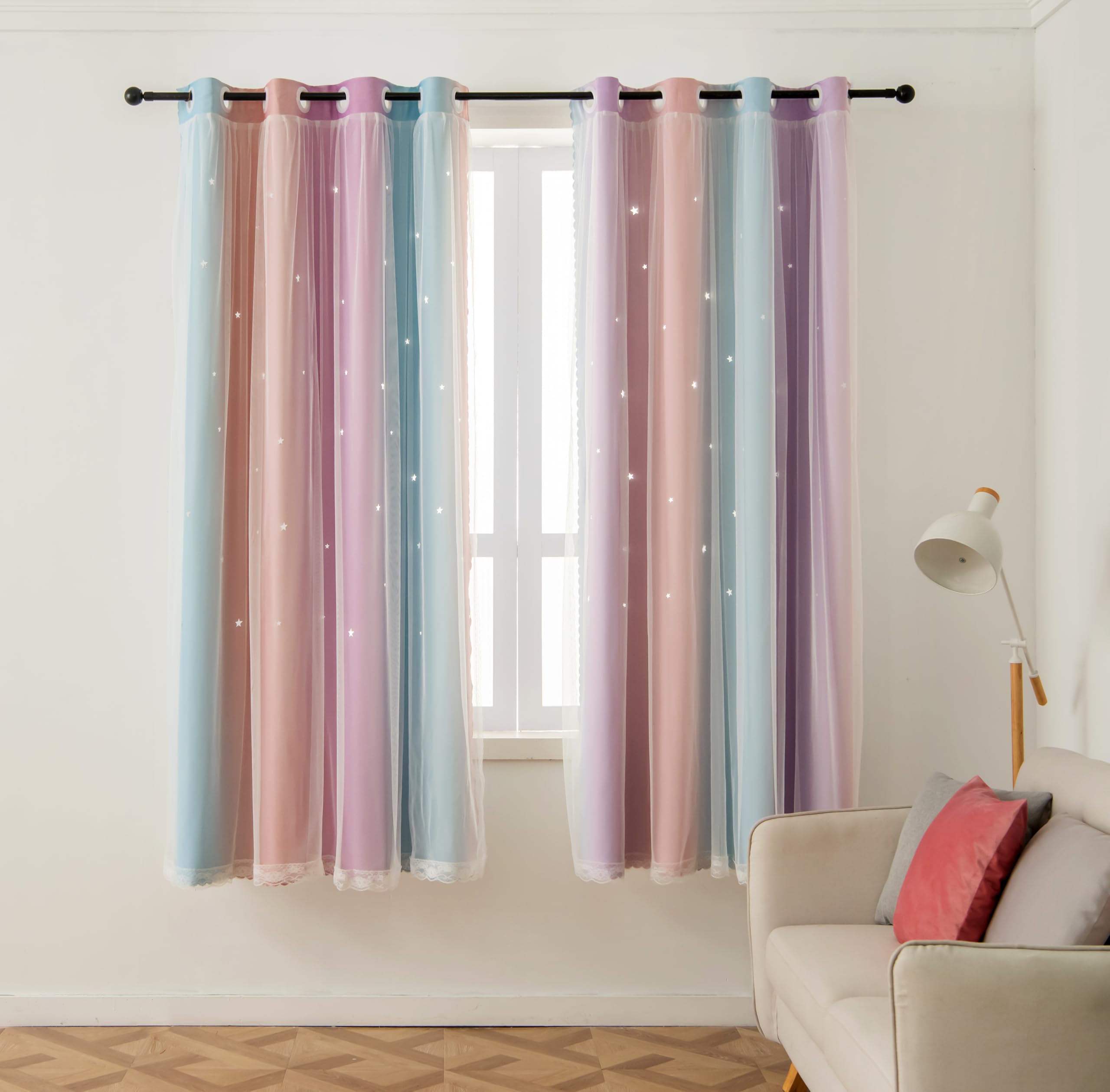 AOWELLOW Star Blackout Curtains 84 Length for Bedroom 2 Panels Set, Privacy Boho Curtain for Glass Door Aesthetic Room, Pink Purple Thick Grommet Top Star Cutout Kids Curtain (W52X L84)