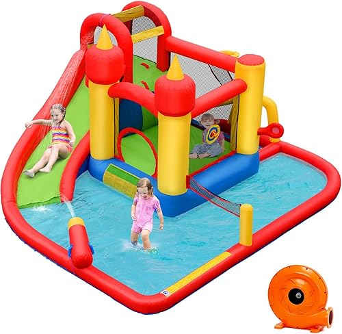 Miniatura 10 de BOUNTECH Castillo inflable para tobogán acuático, castillo de salto de parque acuático 6 en 1 para niños con 2 piscinas de salpicaduras, anillo de