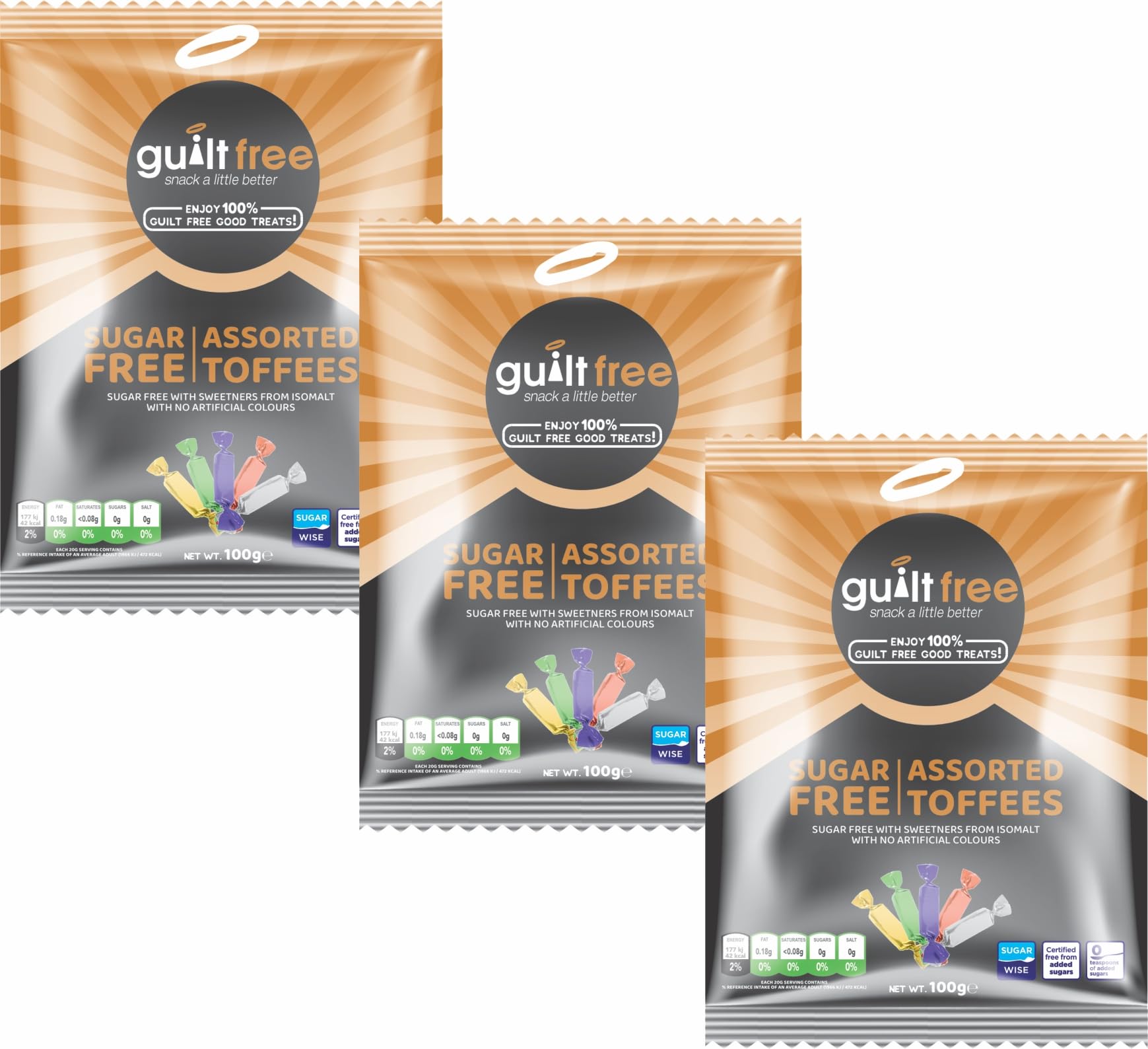 Guiltfree Sugar Free Assorted Toffees Retro Classic Sweet Milk Chocolate Toffee Sweets | for Diabetic Gift Hamper Basket Available - Perfect for Gifting | 3 x 75g Resealable Pack