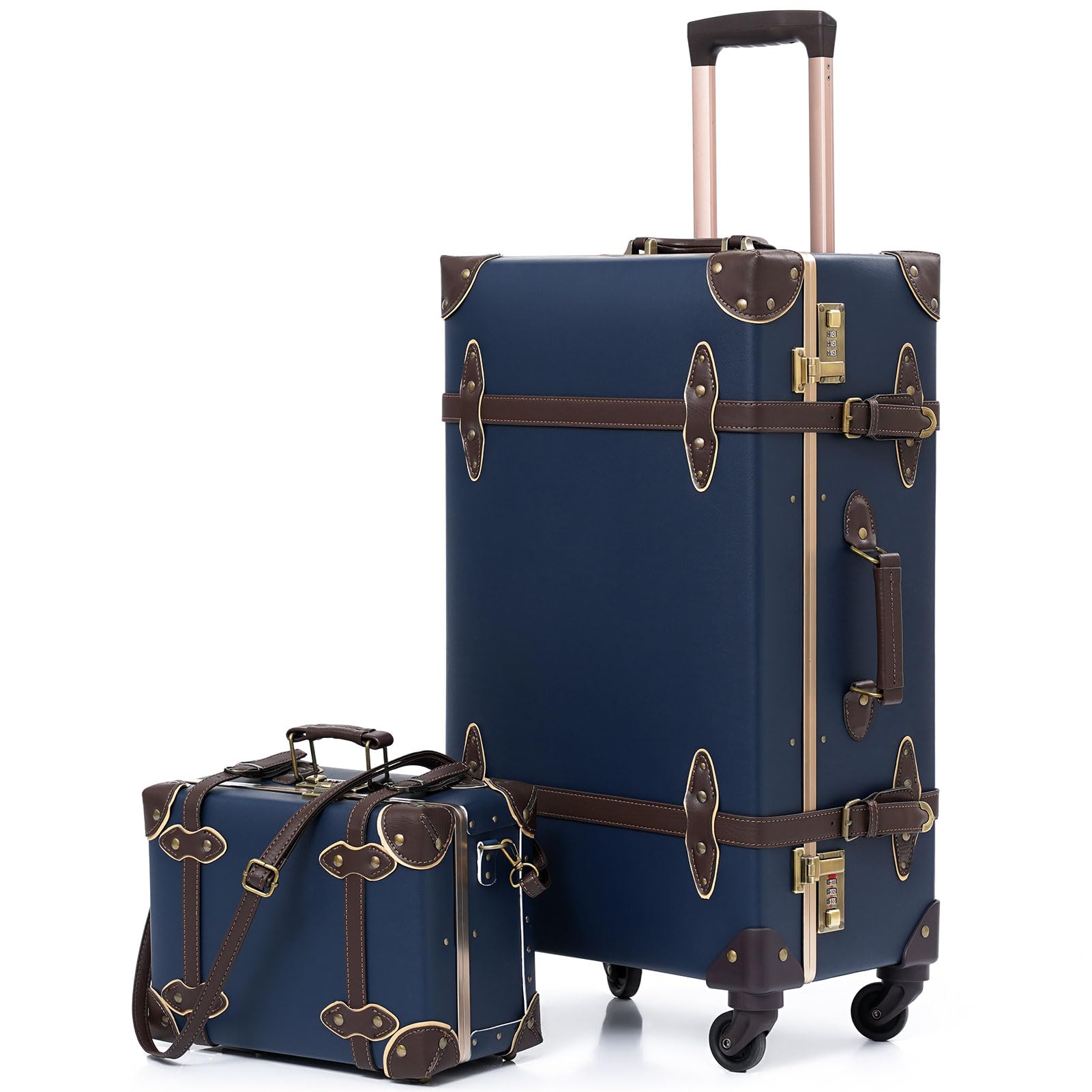 urecity Vintage Luggage Set, 2 Piece Retro Leather Suitcase for Women, Travel Luggage with Spinner Wheels and Beauty Case, Cute Designer Trunk Luggage (Navy Blue, 20"+12")