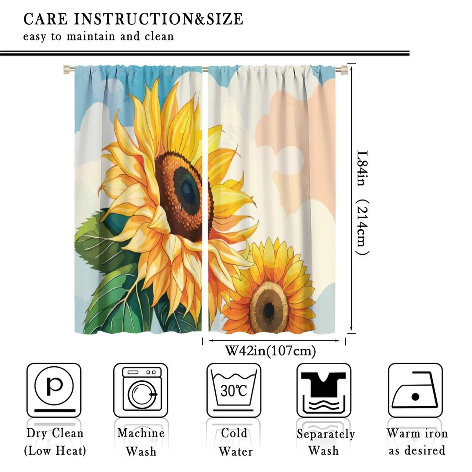 Sunflower Curtains Cartoon Flower Plant Rod Pocket Blackout Window Treatment for Living Room Girls Woman Room Decor Floral Art Printed Window Drapes 84x84in