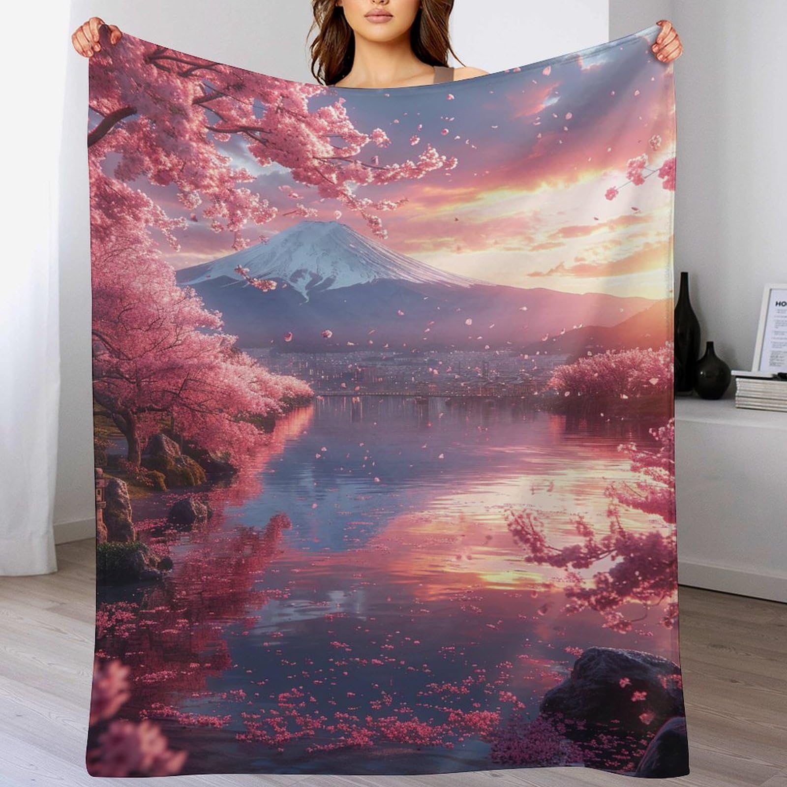 Couverture polaire cerisier japonais en flanelle douce et jeté de lit luxe
