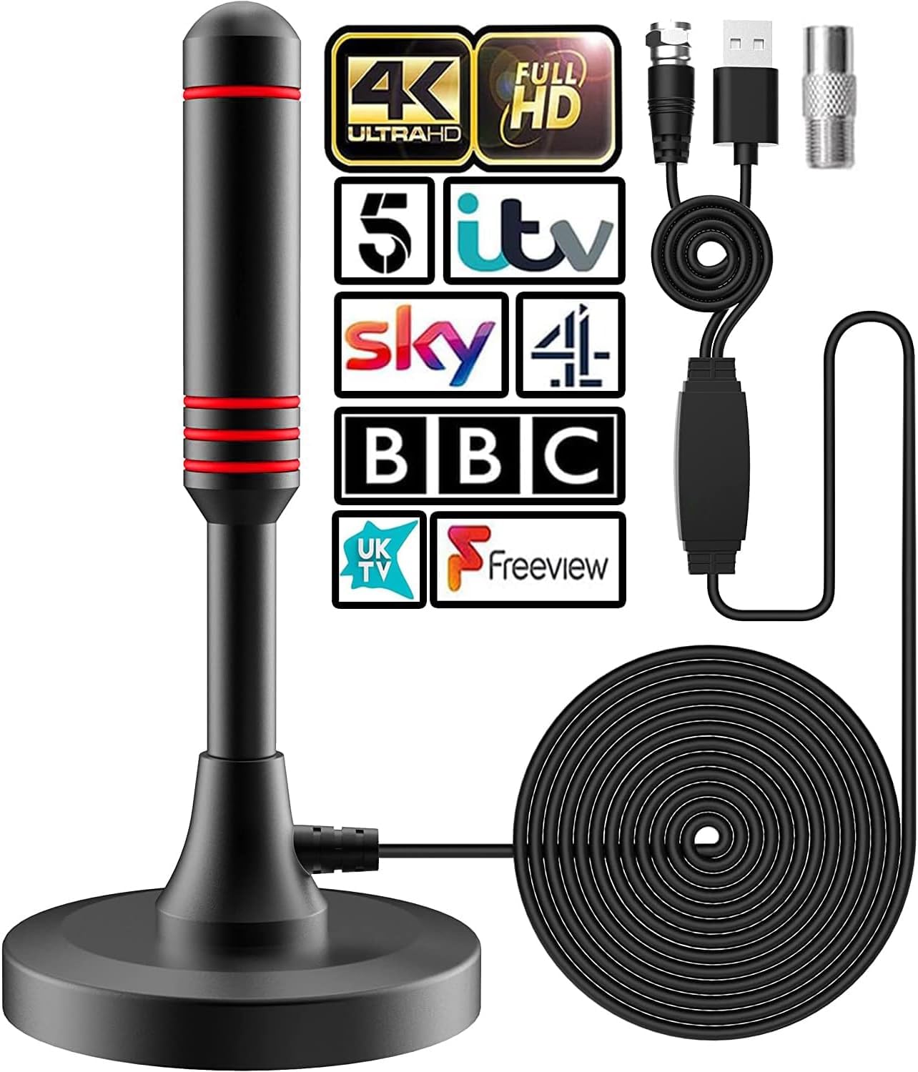 Antenne TV d'intérieur pour Smart TV avec amplificateur de signal - Antenne TV numérique pour Freeview TV - Longue portée de 900 km - Prise en charge 4K 1080p - Avec base magnétique/câble coaxial de 5