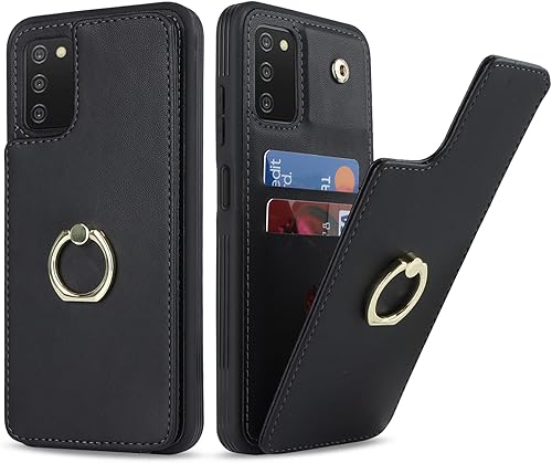 Funda para Samsung Galaxy A03s con tarjetero, Galaxy A03s Funda tipo cartera para mujer, tarjetero de crédito, soporte de anillo, fundas tipo Negro