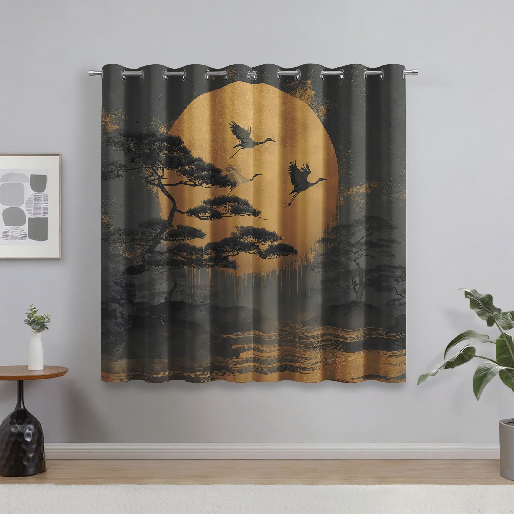 Japanese Style Blackout Curtains for Living Room, Asian Oriental Pine Tree Crane Curtains Bedroom Home Decor, Thermal Eyelet Window Drapes, 2 Panels 108 Drop, 90x108 (W x L) Q-D13