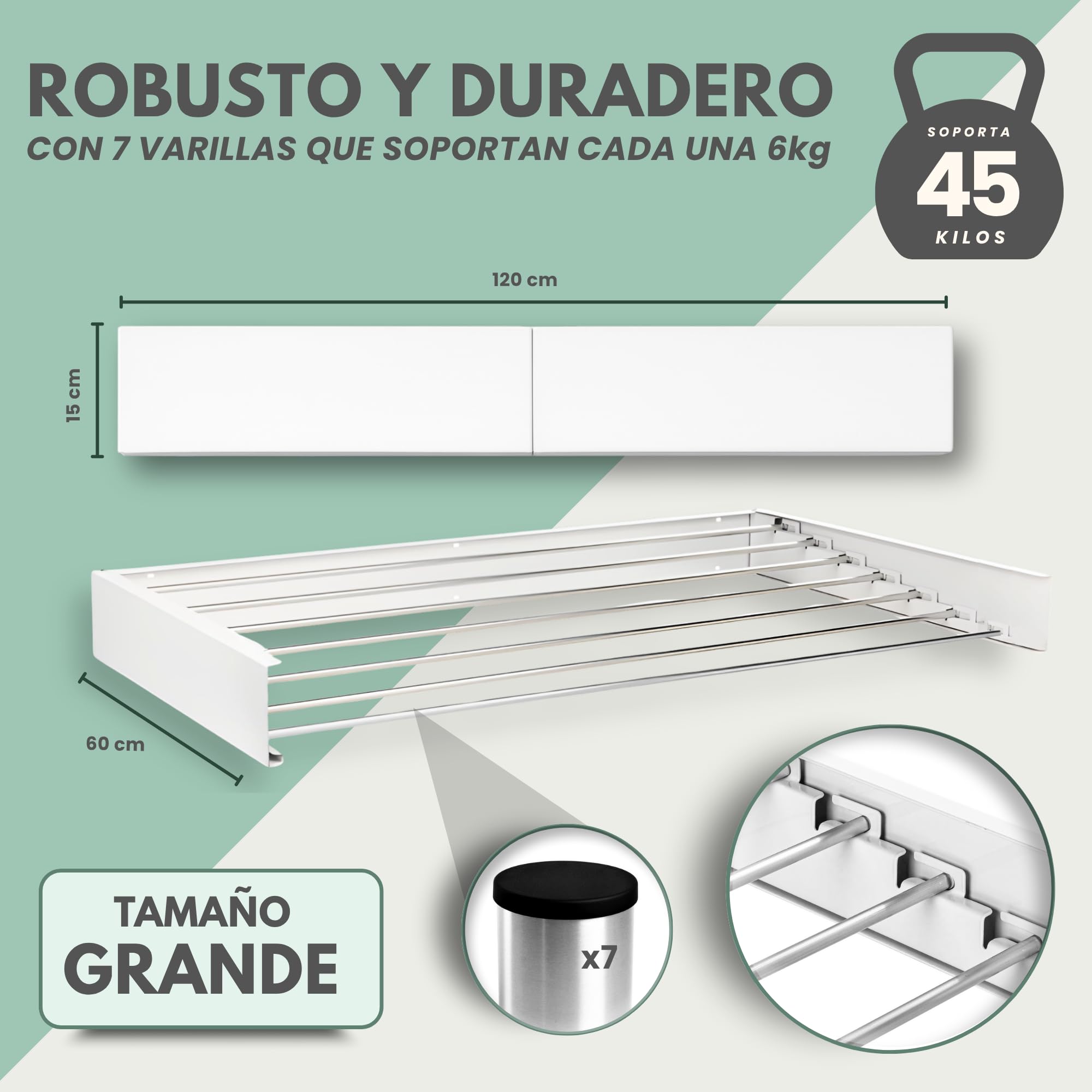 maname Tendedero Extensible Pared. 120 Cm, ANTIOXIDO Retractil Abatible Tendedero Plegable para Interior Y Exterior, Colgador Ropa Pared. Soporta 45kg De Carga. Retractable Clothes Drying Rack