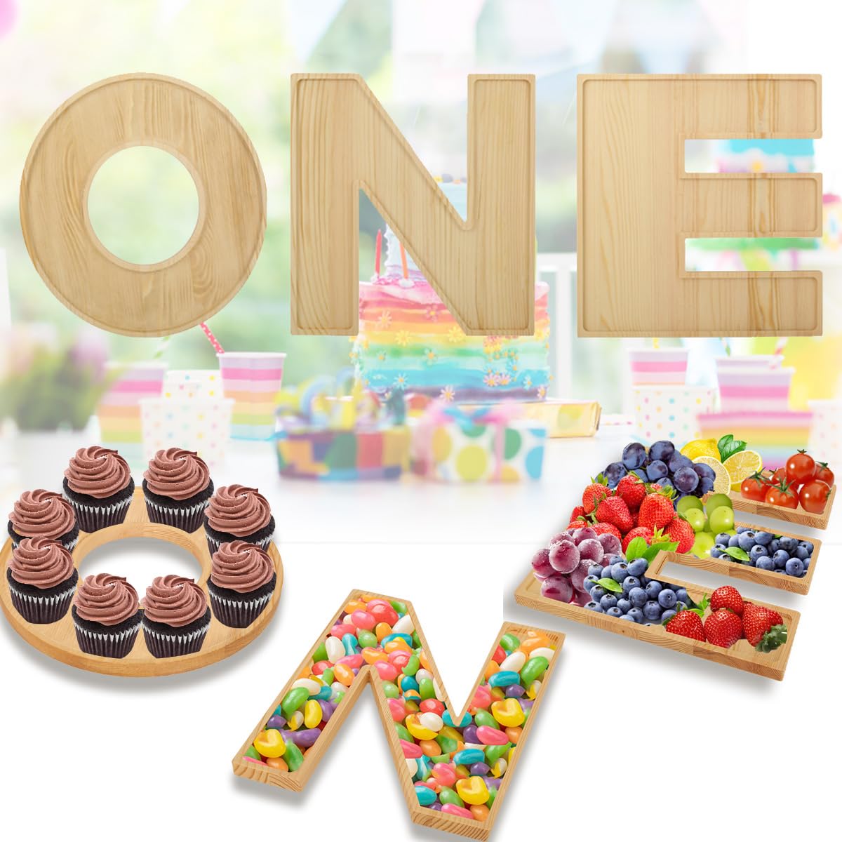 Baby Shower Charcuterie Letter “ONE” 3PCS Fillable Letter Trays for Food, Cupcake Chocalater Candy Wood Decorative 12 Inch Tray for 1st Birthday Baby Shower Party Food Dessert Table (ONE-Brown)