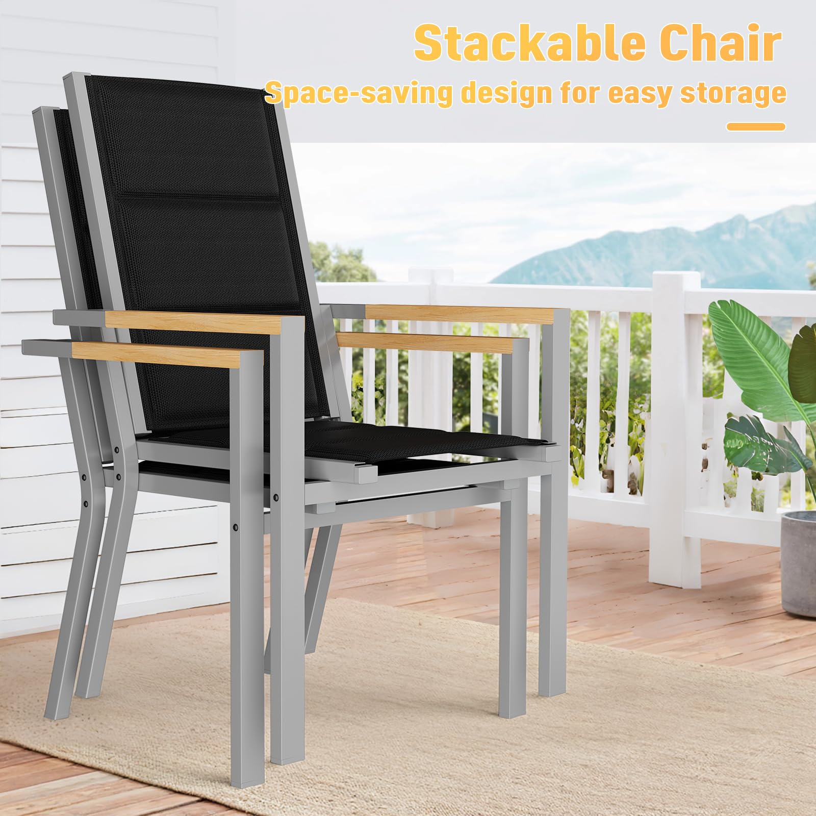 JUMMICO Chaise de Jardin Extérieur Cadre Aluminium avec Accoudoirs Style Bois – Assise Texlin, Empilable et Rangeable sous Table, 160kg de Charge – Parfaite pour Jardin, Cour, Balcon