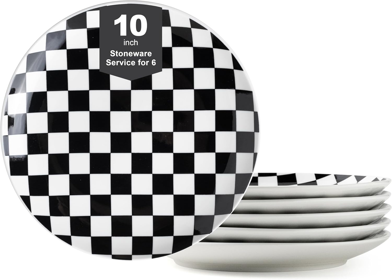 Ceramic Dinner Plates Set of 6-10 Inch Salad Plates, Black and White Checkered Porcelain Dinner Plates Microwave, Oven & Dishwasher Safe, Minimalist Porcelain Dish Set Checkered 10 inch