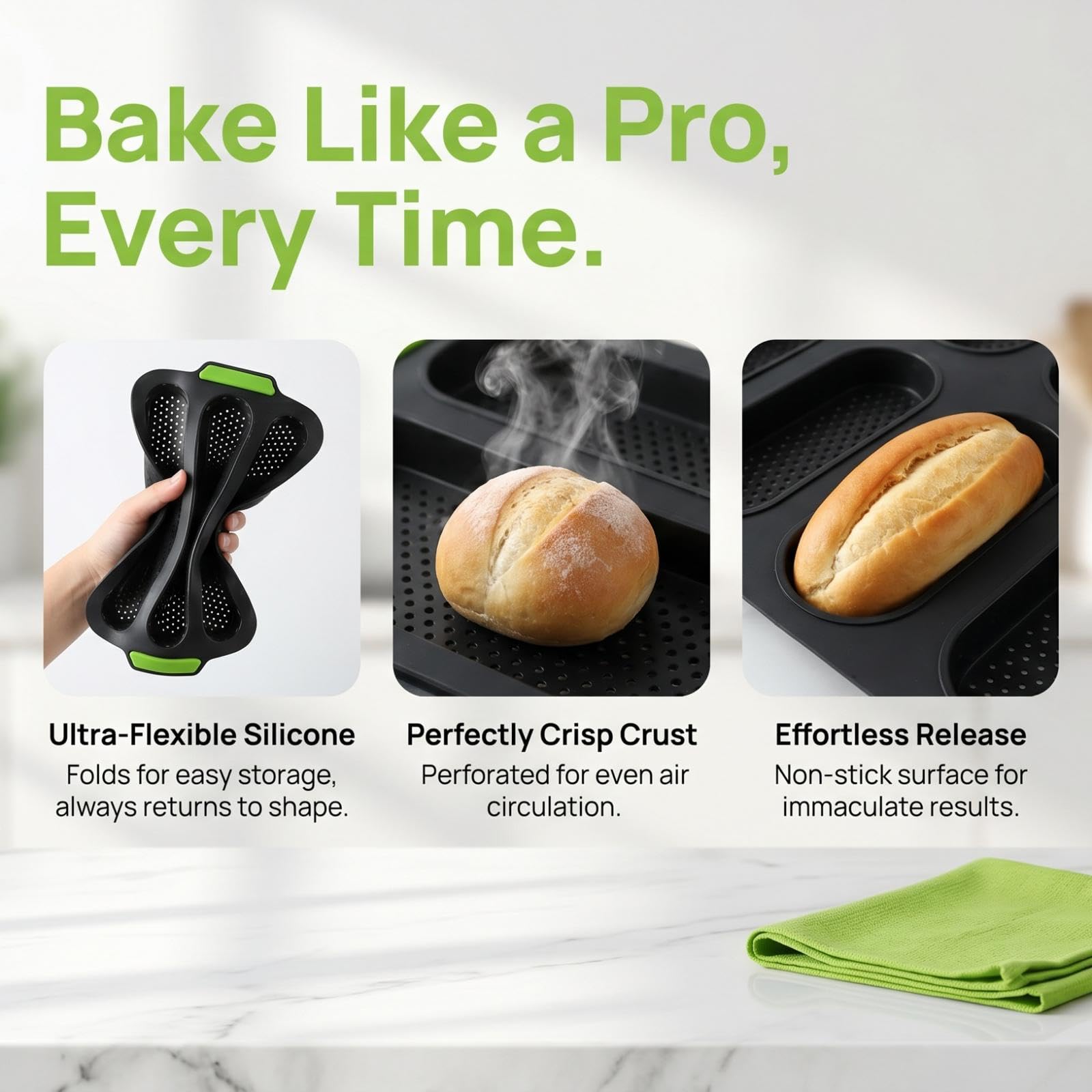 TOPZEA Set mit 2 Silikon-Baguette-Pfannen, antihaftbeschichtet, französische Brotform, perforierte Form, 3 Wellen, Brot, Toast, Backform, 8 Rinnen, Crisping Tray für Kuchen, Kochen, Bäcker, schwarz