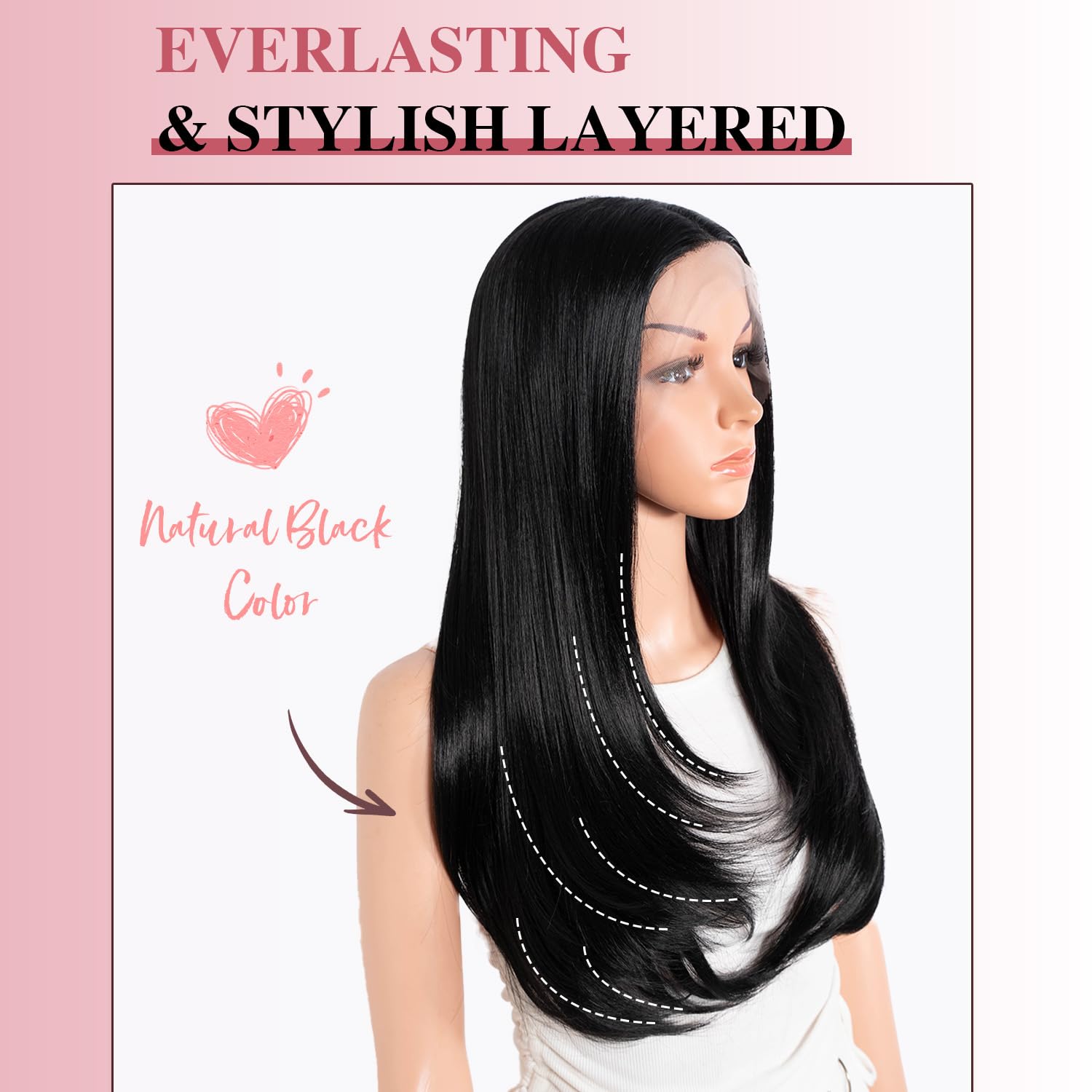 Style Icon Layered Wig Glueless Synthetic Lace Front Wigs 24 inch Natural Black Long Layered Straight Hair Wig for Women 13x4x1 T Part Lace Pre Plucked Hairline - Image 4